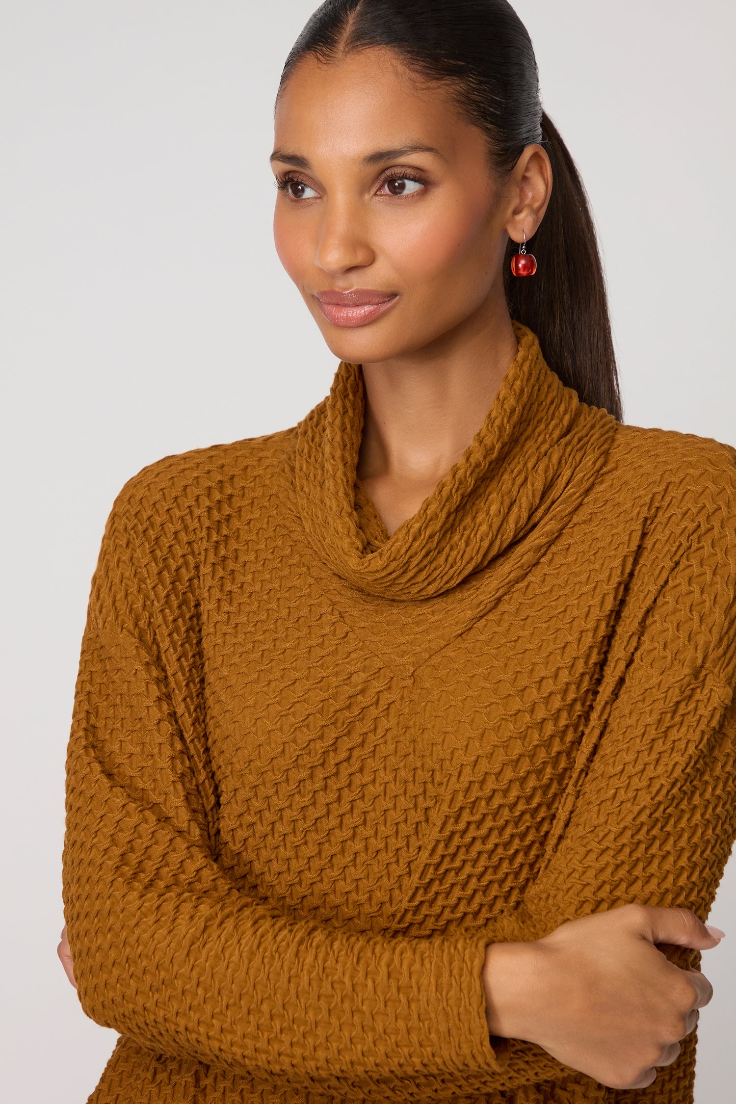 Waffle Textured Jersey Cowl Neck Top