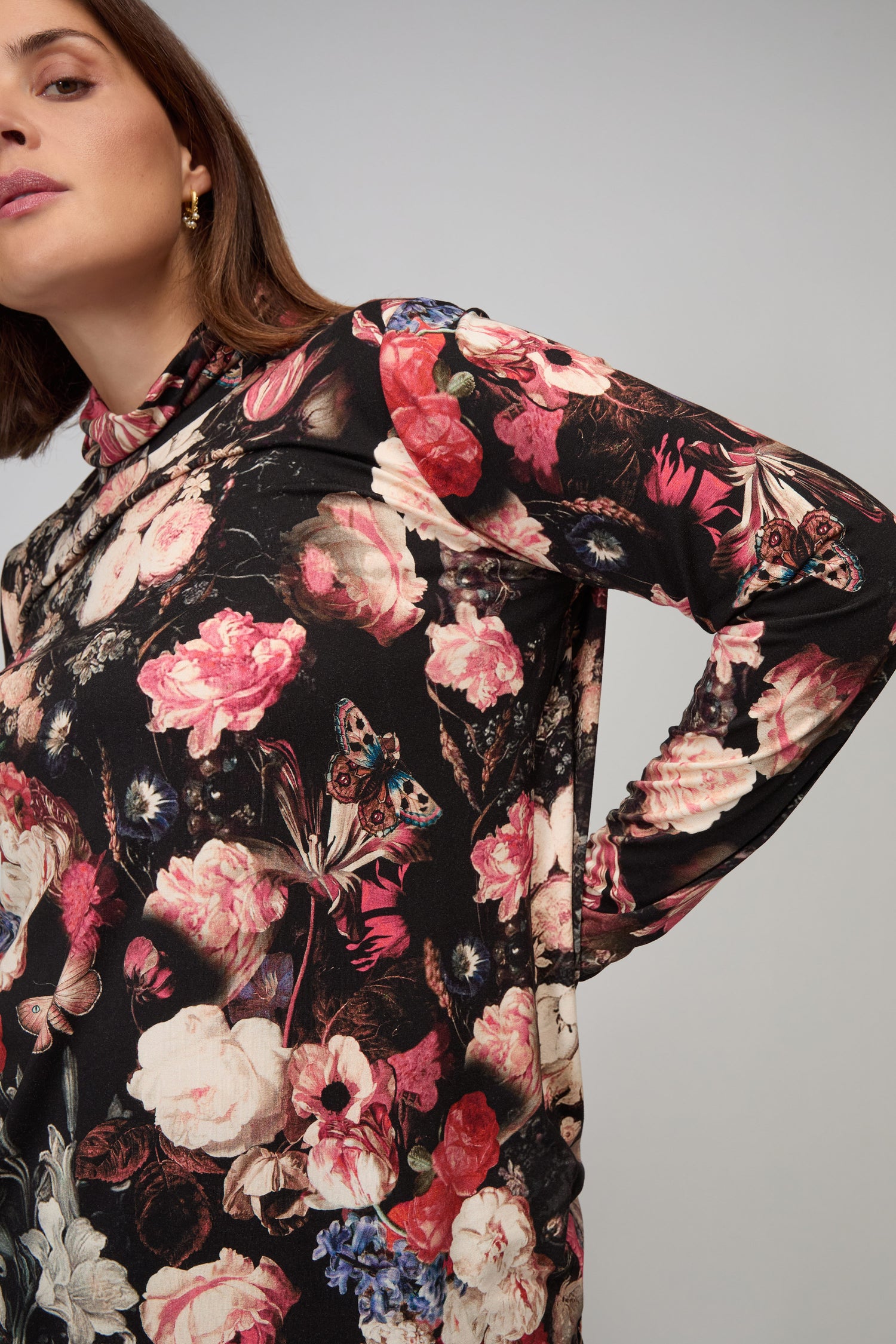 Renaissance Floral Jersey Roll Neck Top