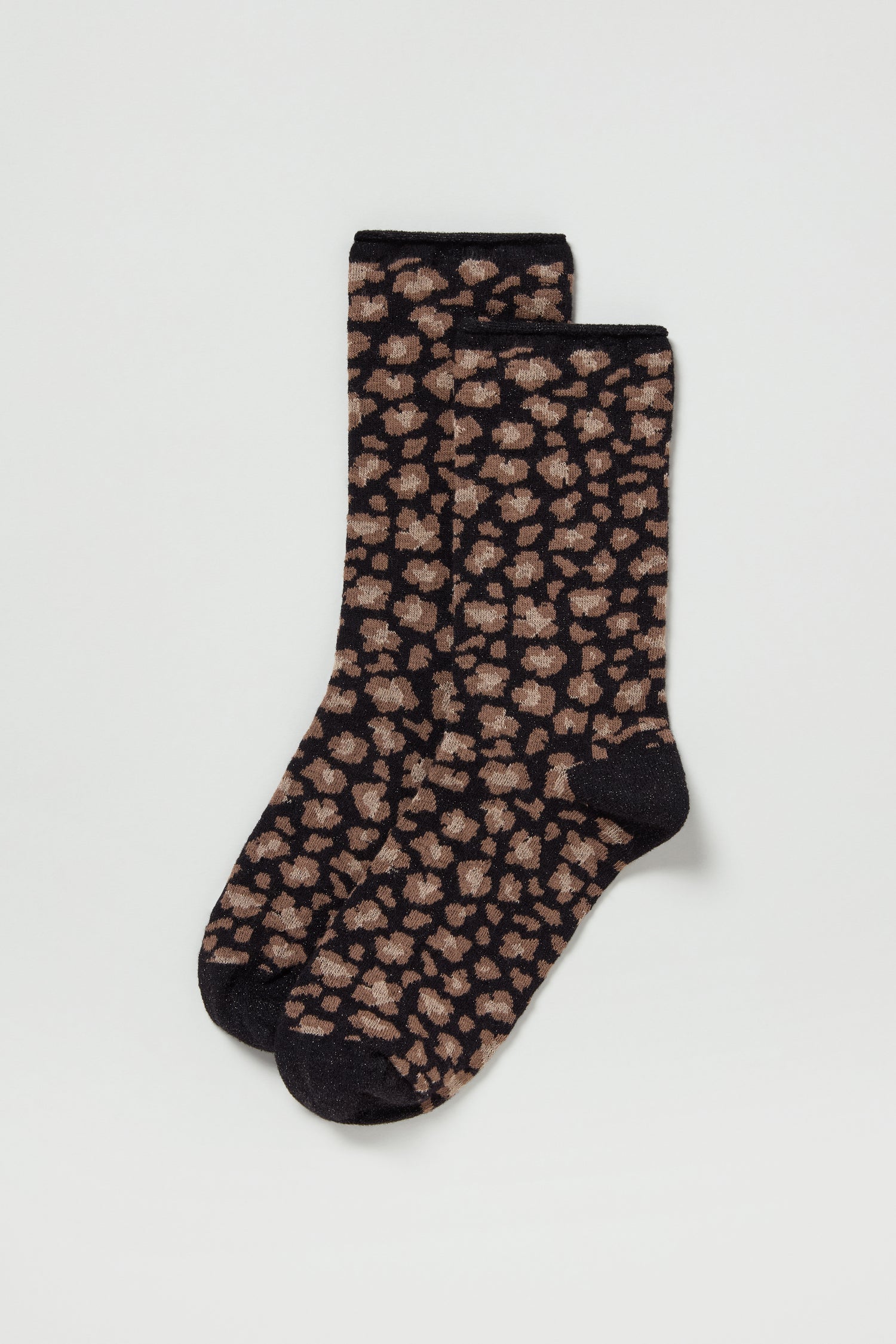 A pair of Bamboo Leopard Black Print Socks with a brown leopard pattern are shown on a white background.