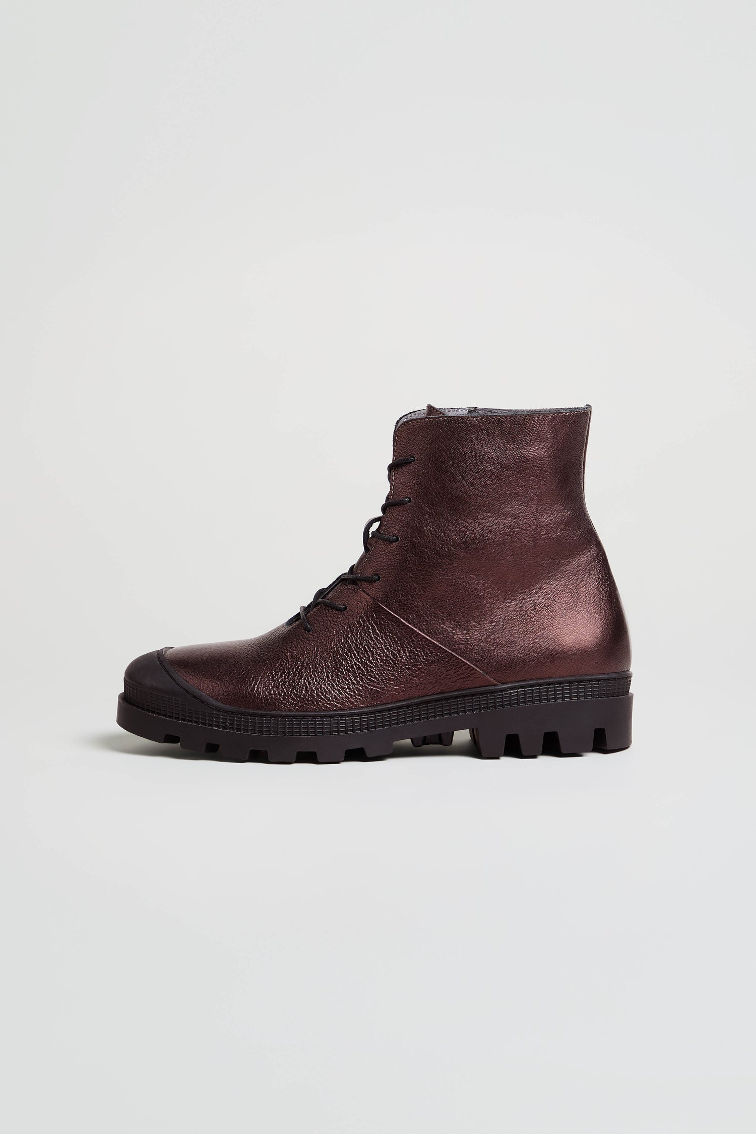 Metallic Chocolate Lace Up Leather Boots in calfskin leather with a textured finish and black rubber sole, shown in profile on a plain white background.