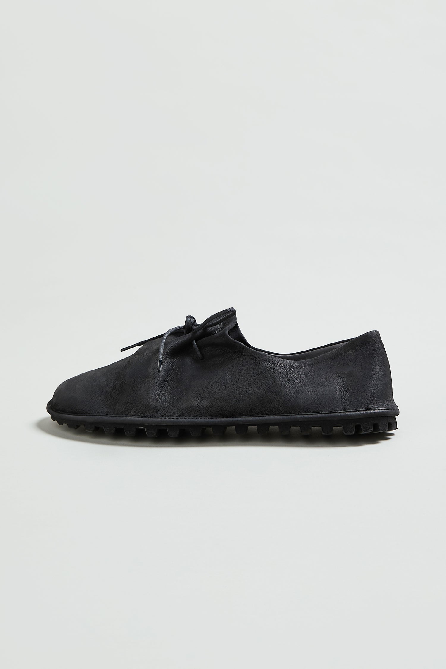 The Crushed Leather Lace Up Shoes (LOFI9944-SS26) in black, featuring a textured rubber sole, are displayed in a side profile on a plain light background.