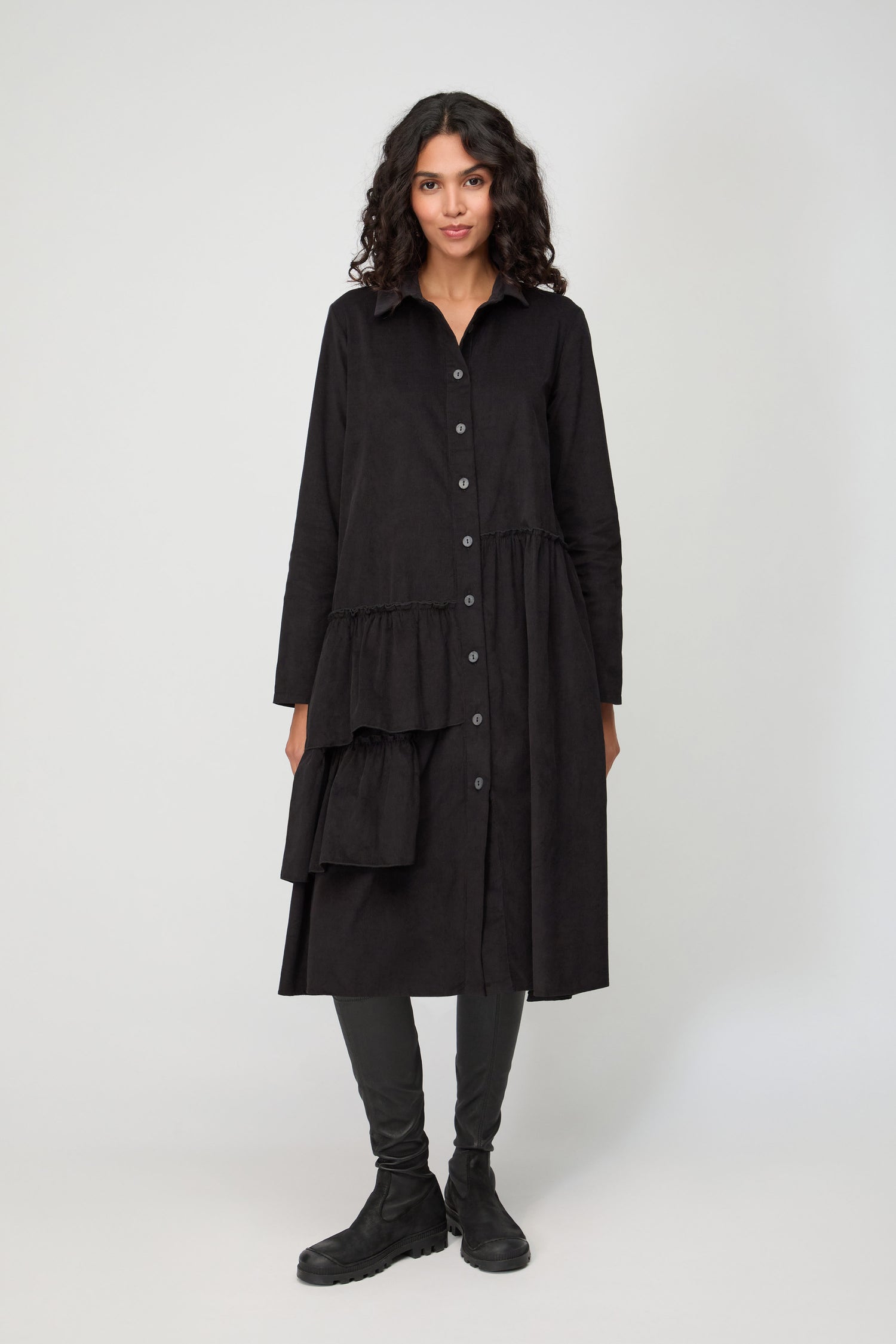 Frill Detail Babycord Black Shirt Dress
