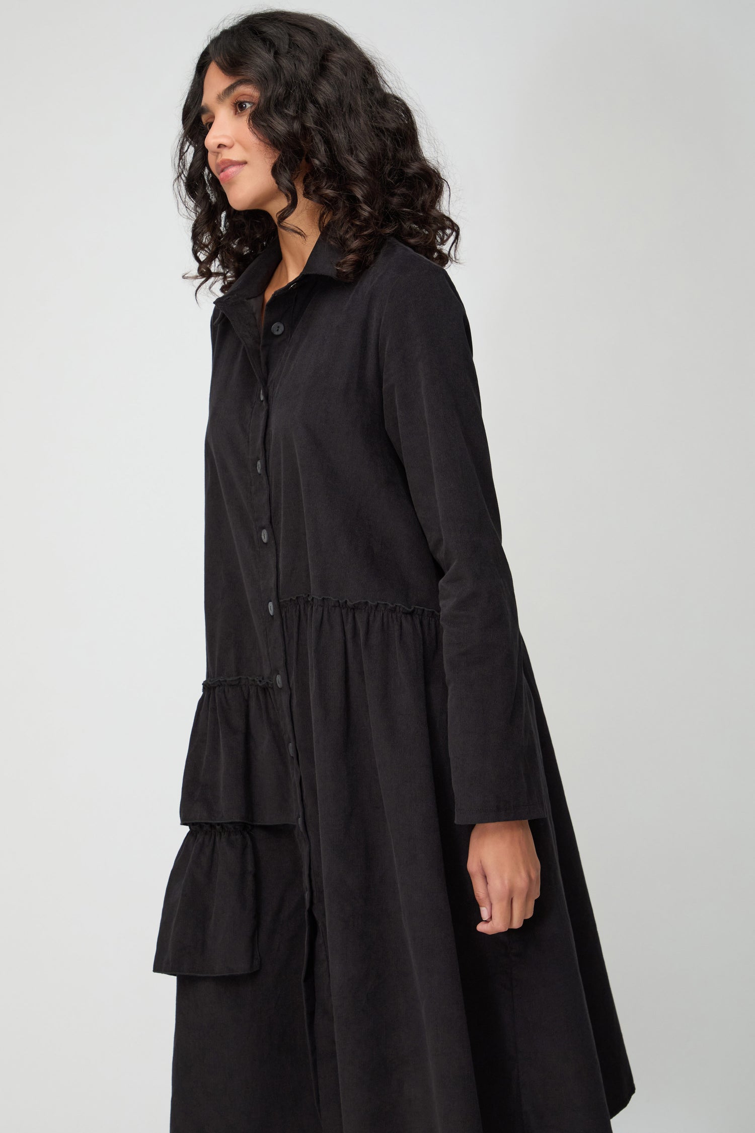 Frill Detail Babycord Black Shirt Dress