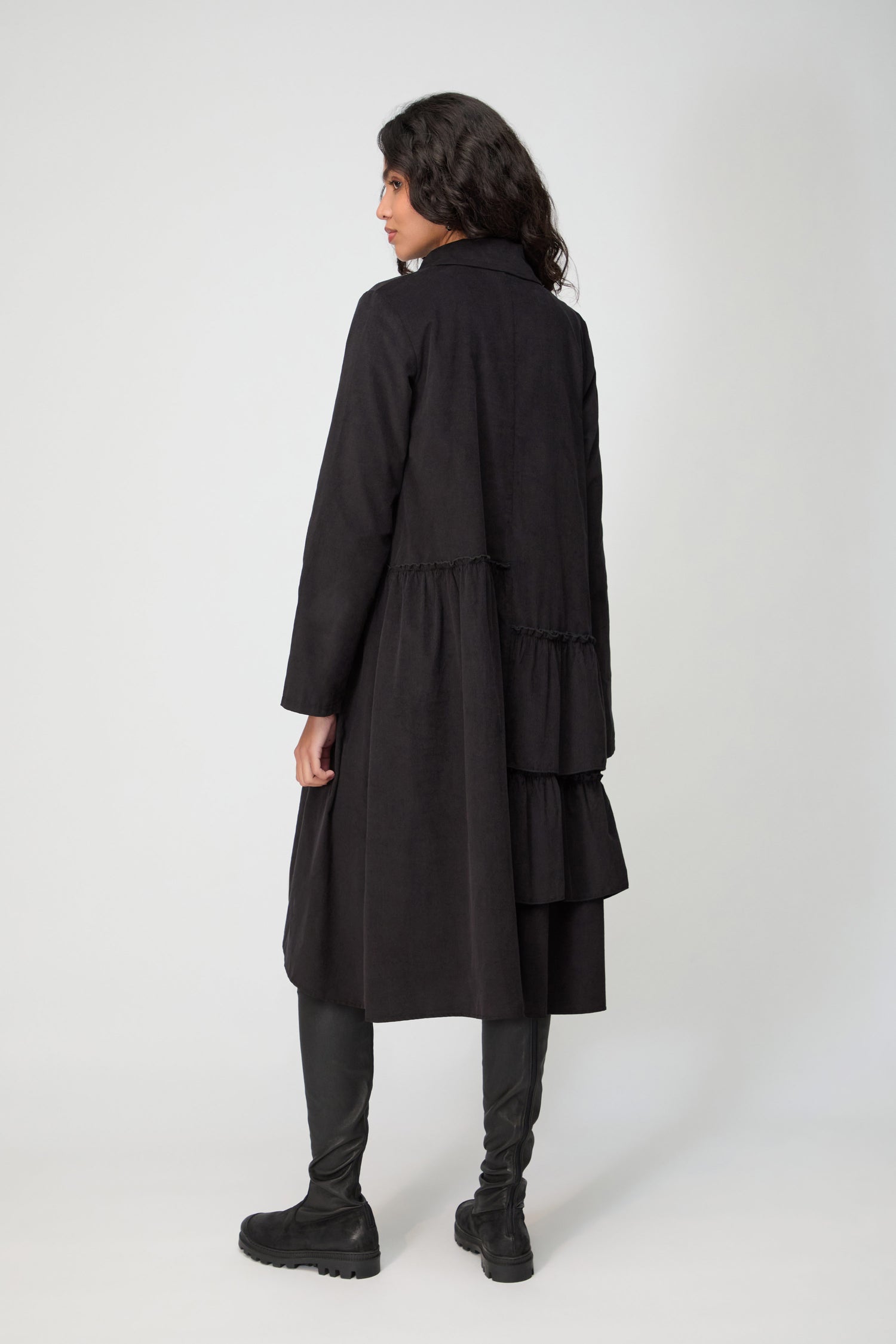 Frill Detail Babycord Black Shirt Dress