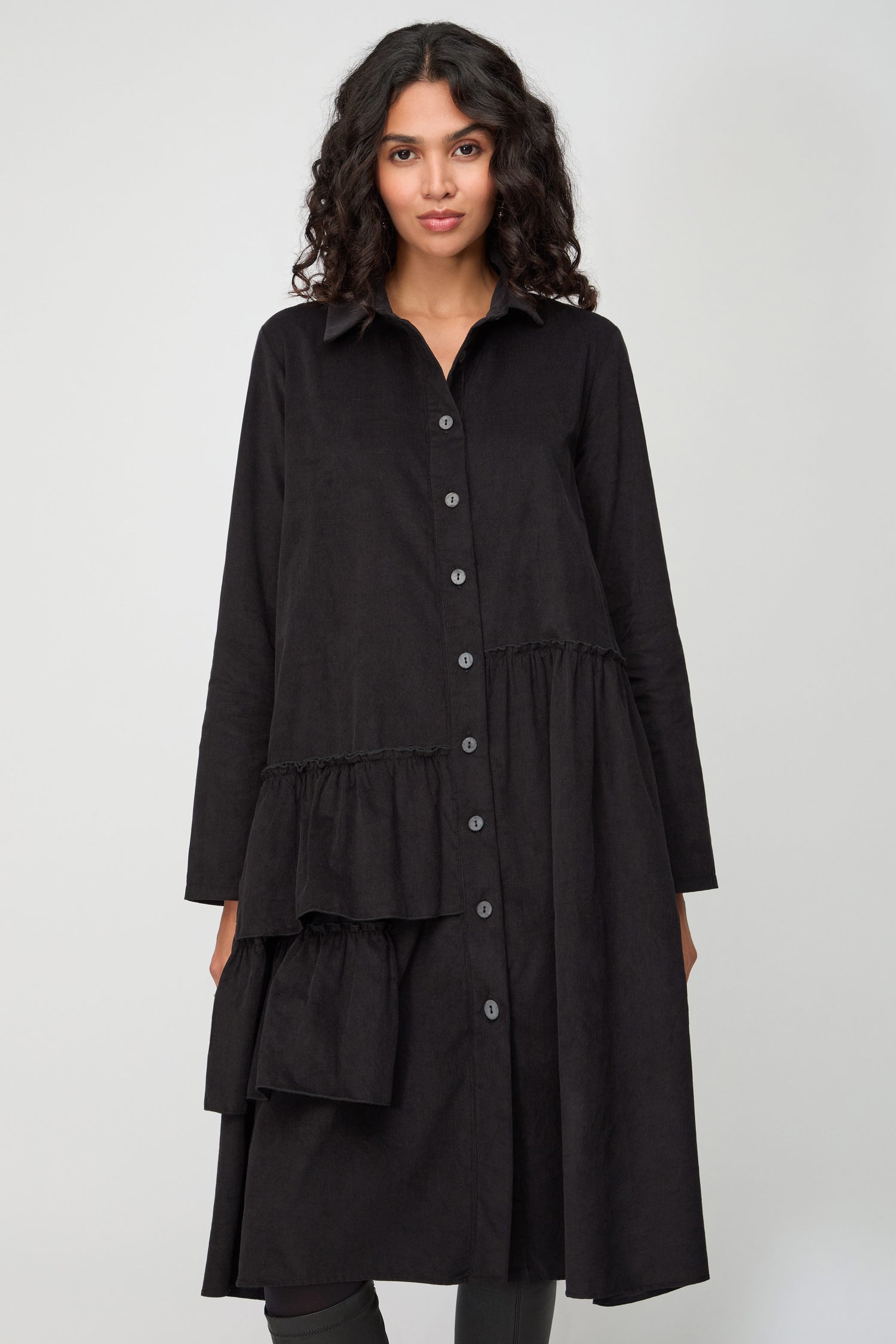 Frill Detail Babycord Black Shirt Dress
