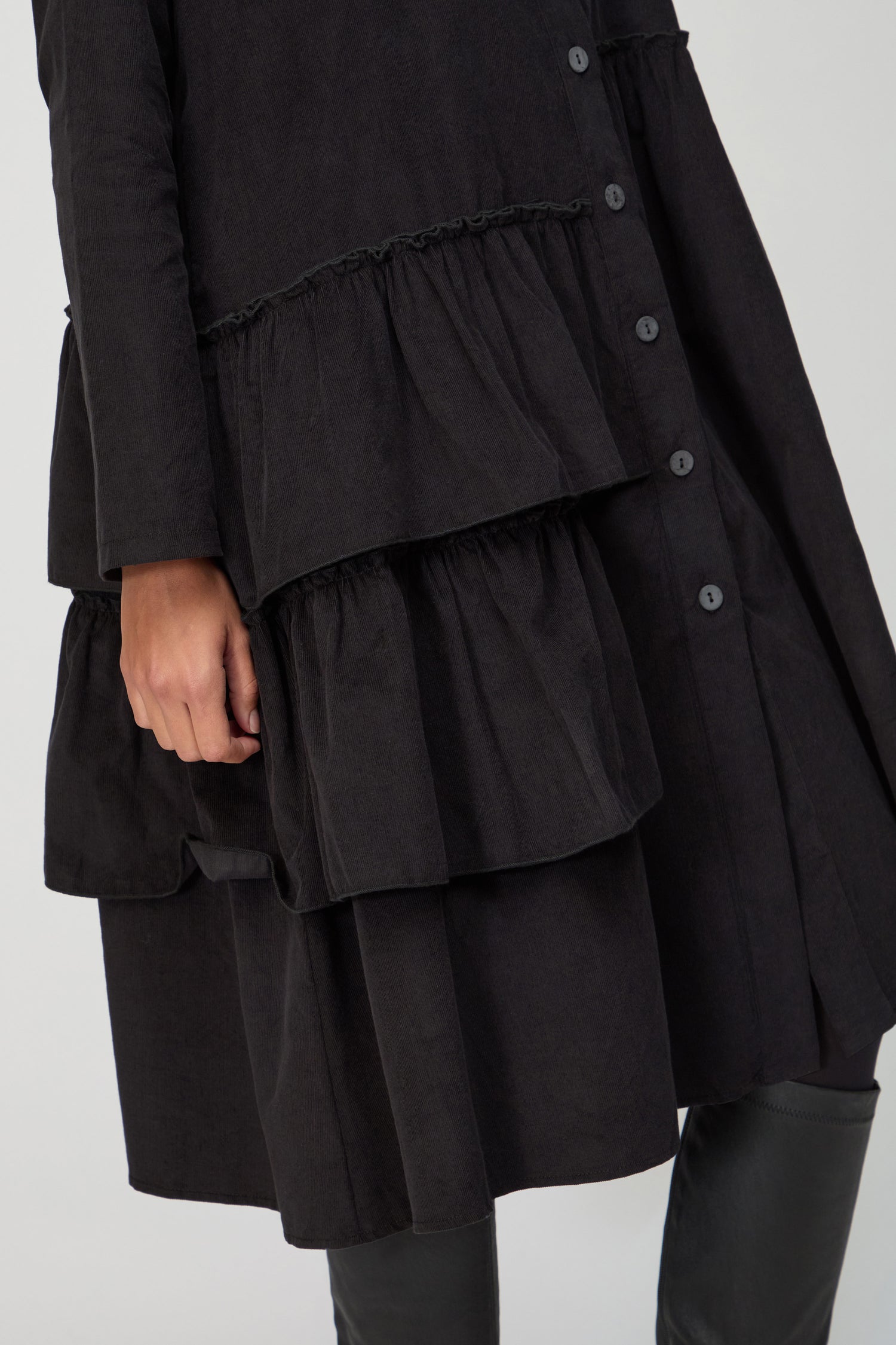 Frill Detail Babycord Black Shirt Dress