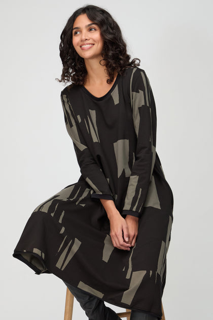 Block Print Flared Jersey Dress