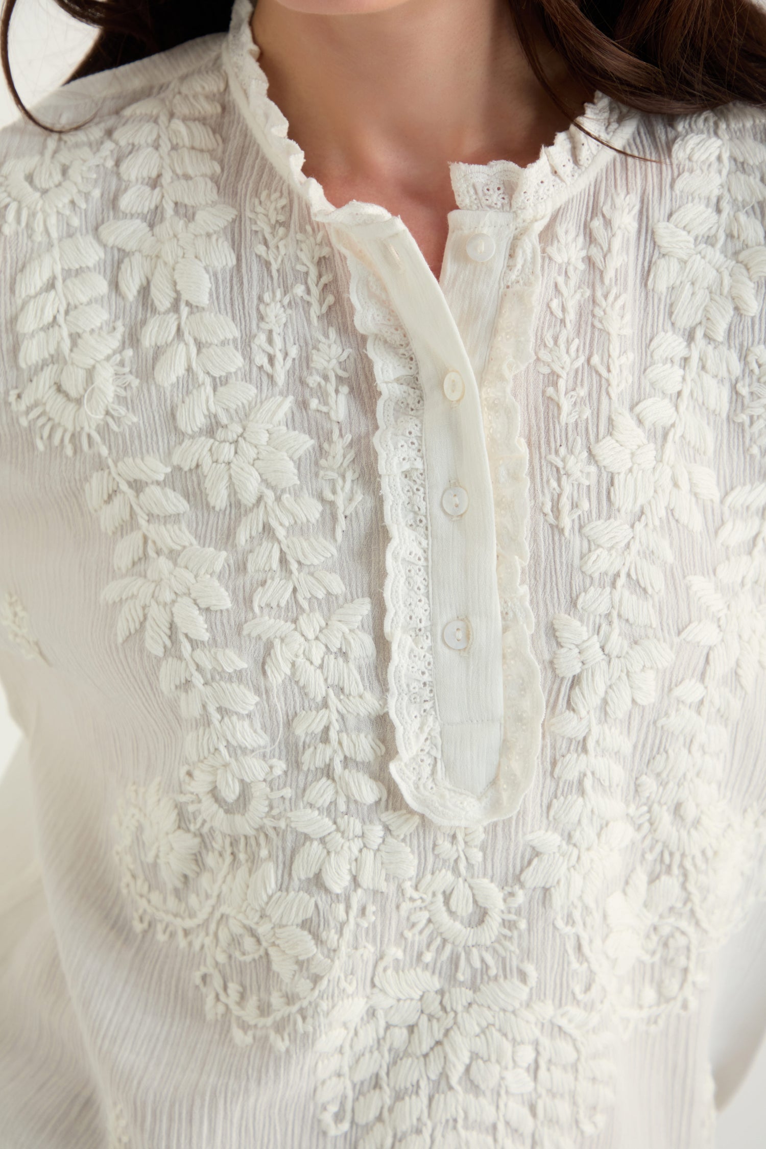 Close-up of the Embroidered Cotton Top, a natural white women's blouse with intricate floral embroidery, delicate lace trim, and a partially buttoned placket at the collar.