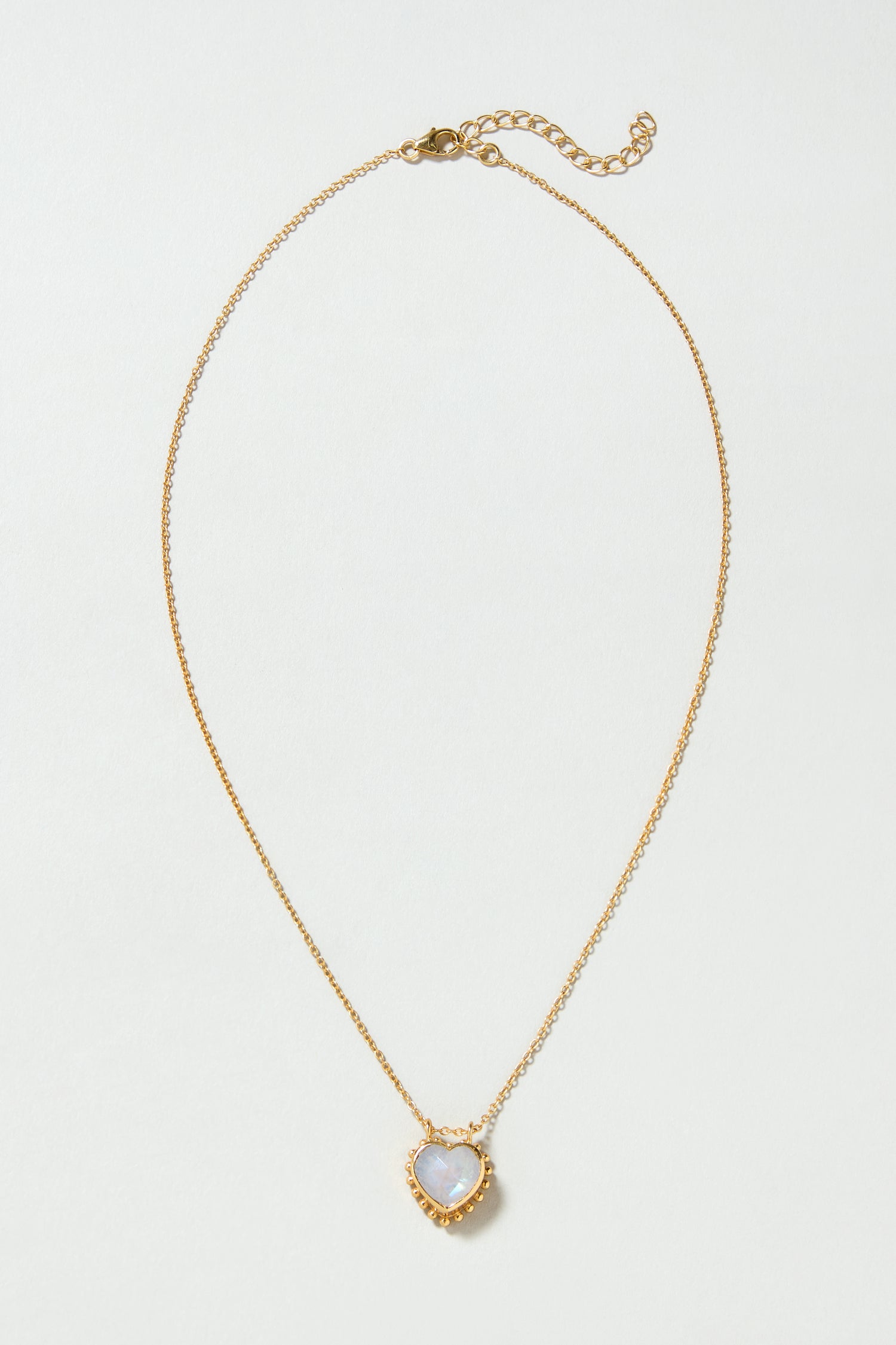 Gold Plated White Moonstone Heart Necklace, elegantly displayed on a plain white background.