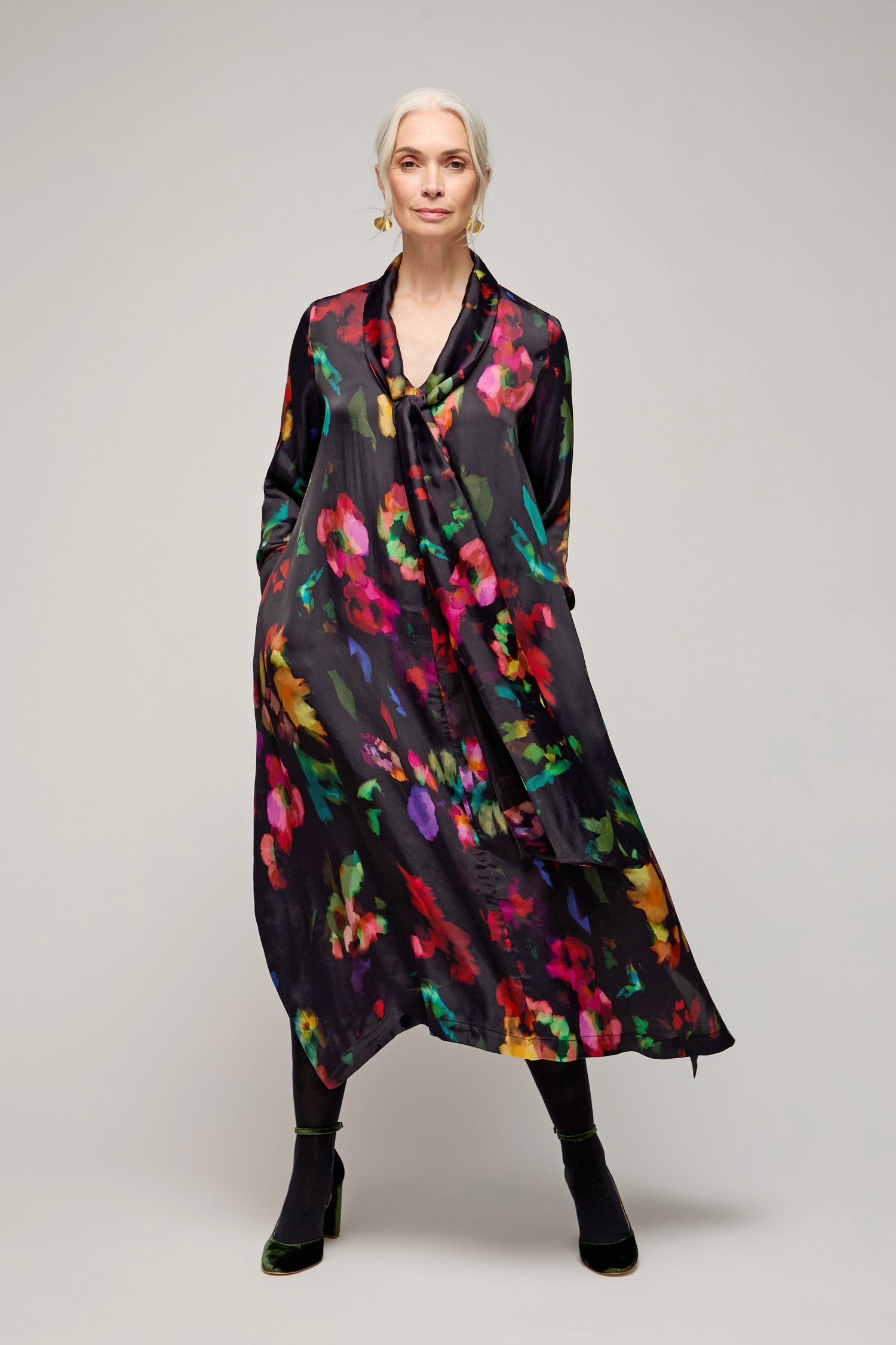 Winter Floral Tie Neck Dress