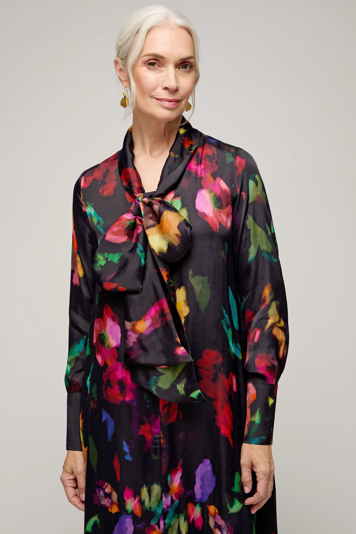 Winter Floral Tie Neck Dress