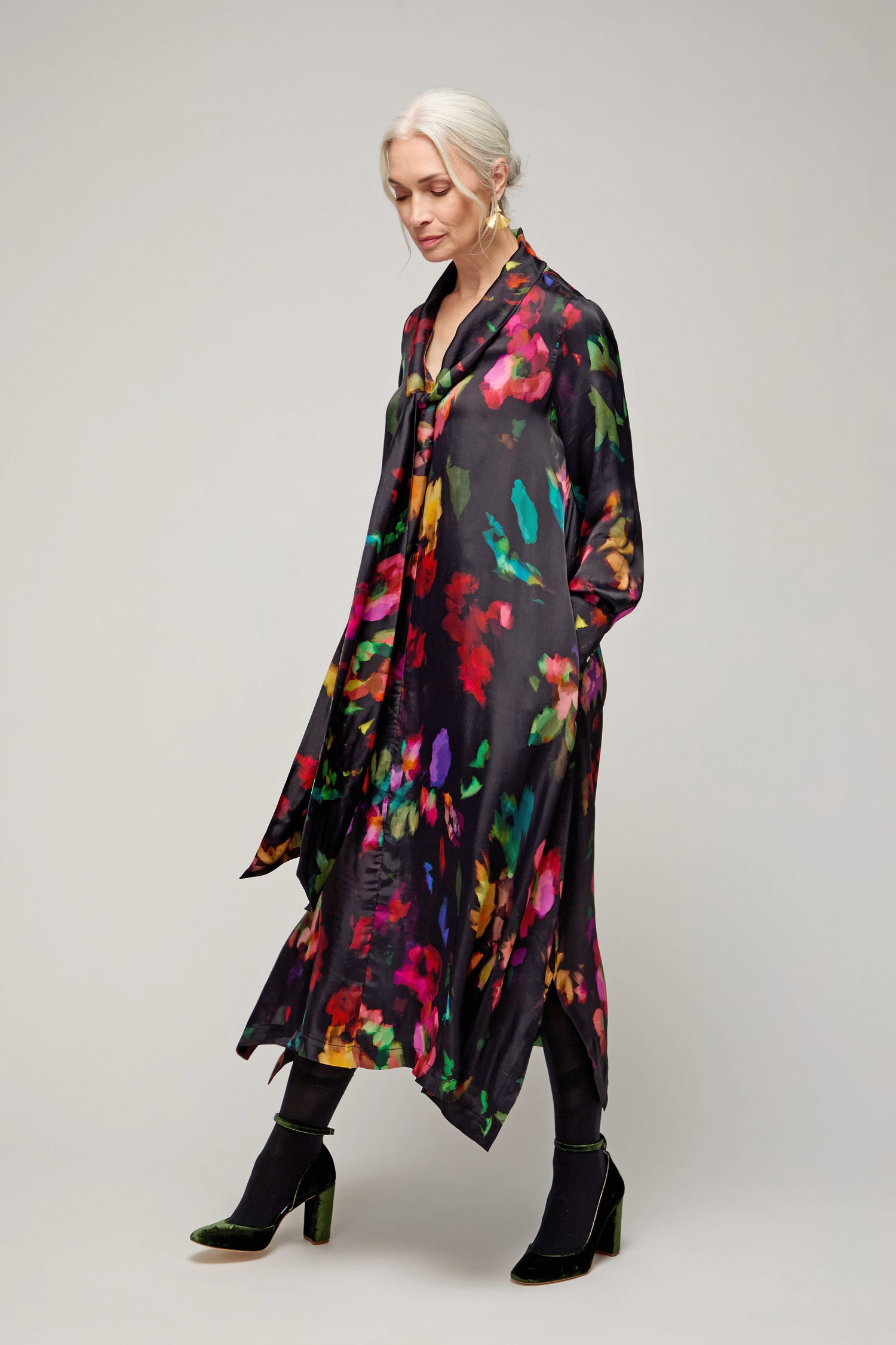 Winter Floral Tie Neck Dress