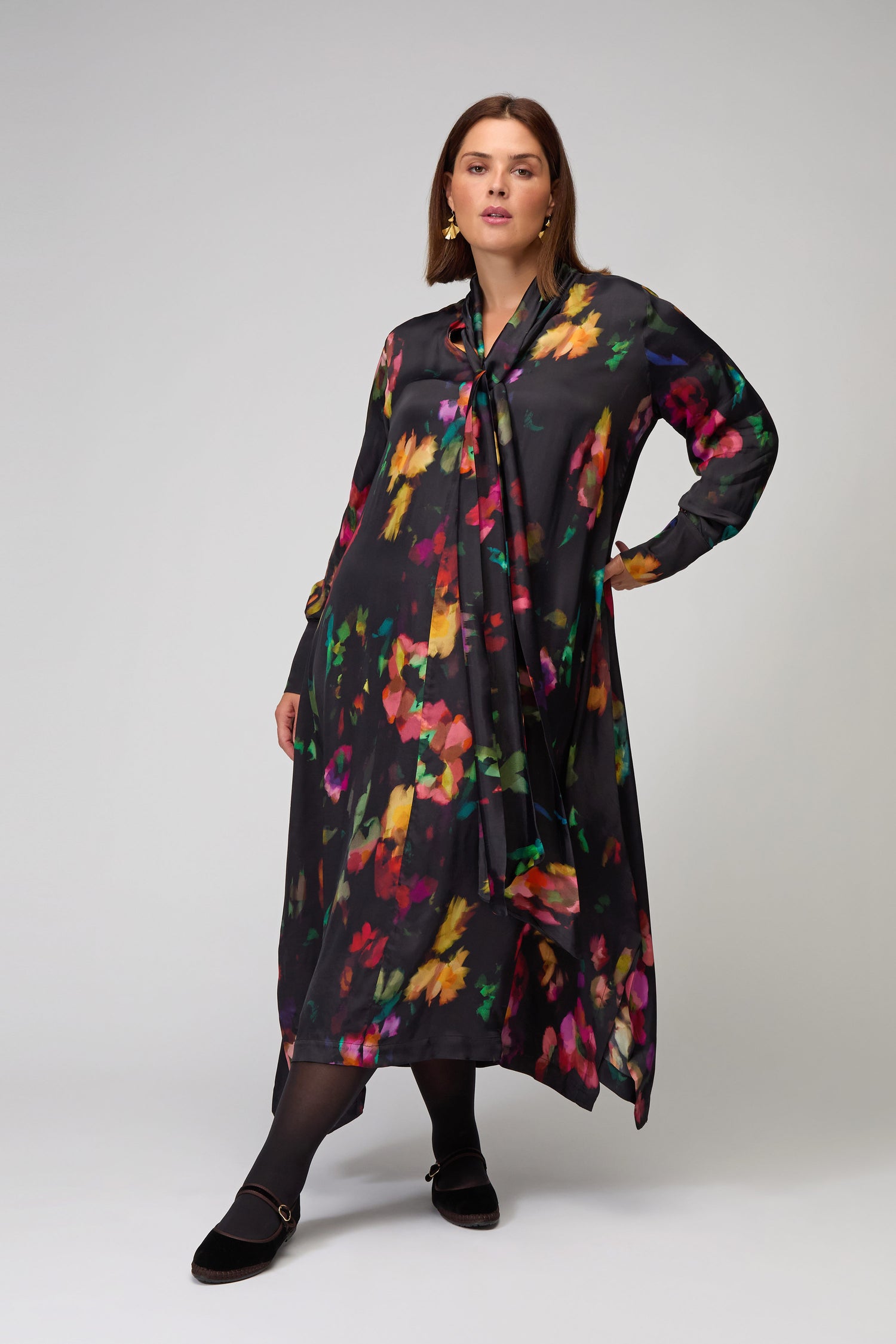 Winter Floral Tie Neck Dress