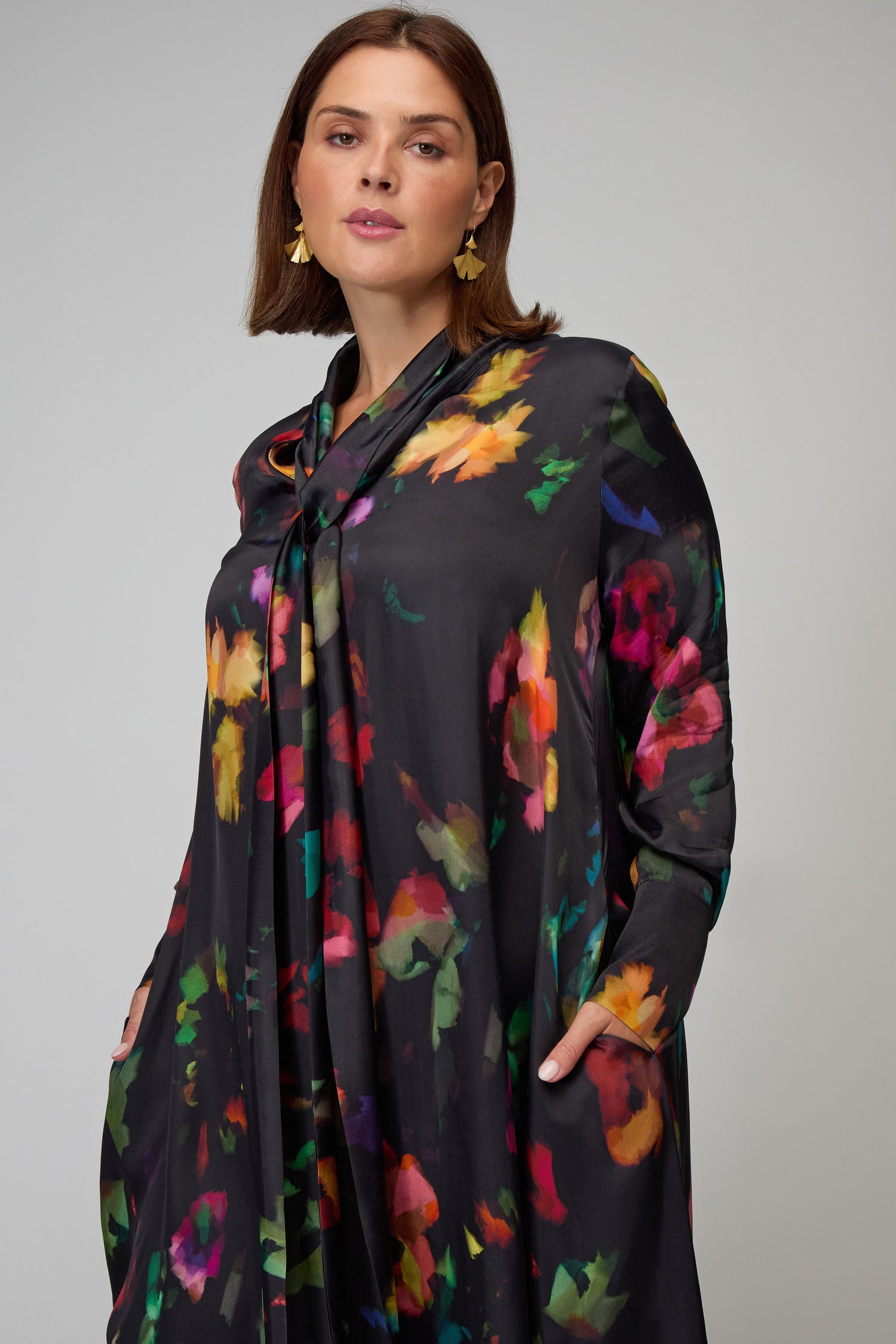 Winter Floral Tie Neck Dress