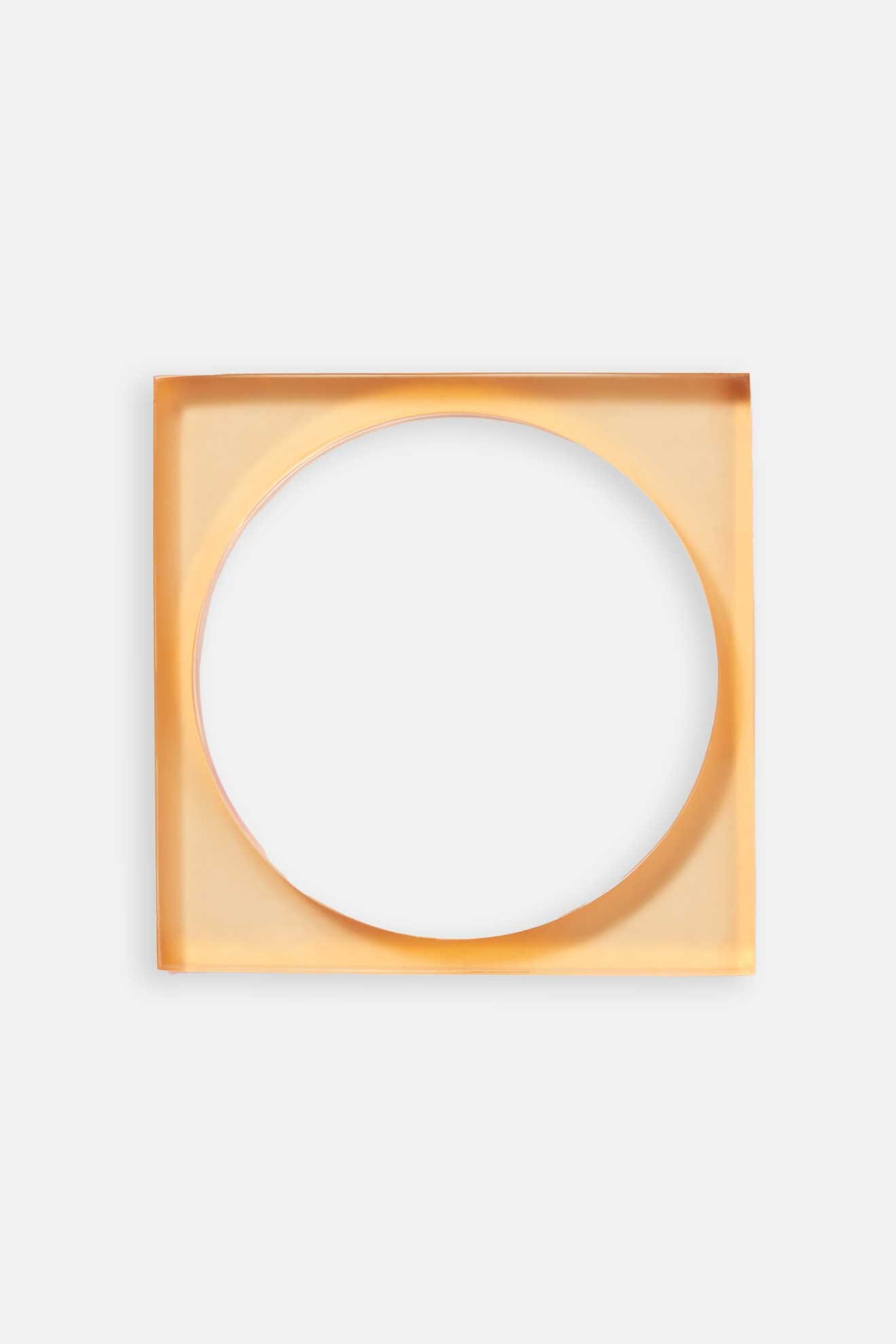 Square Bangle: A square, translucent orange frame with a large central circular cutout, displayed on a plain white background.