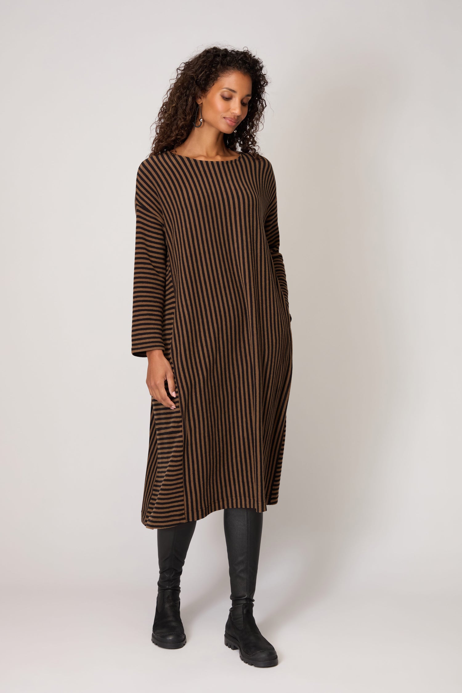 Fine Stripe Flared Brown Dress
