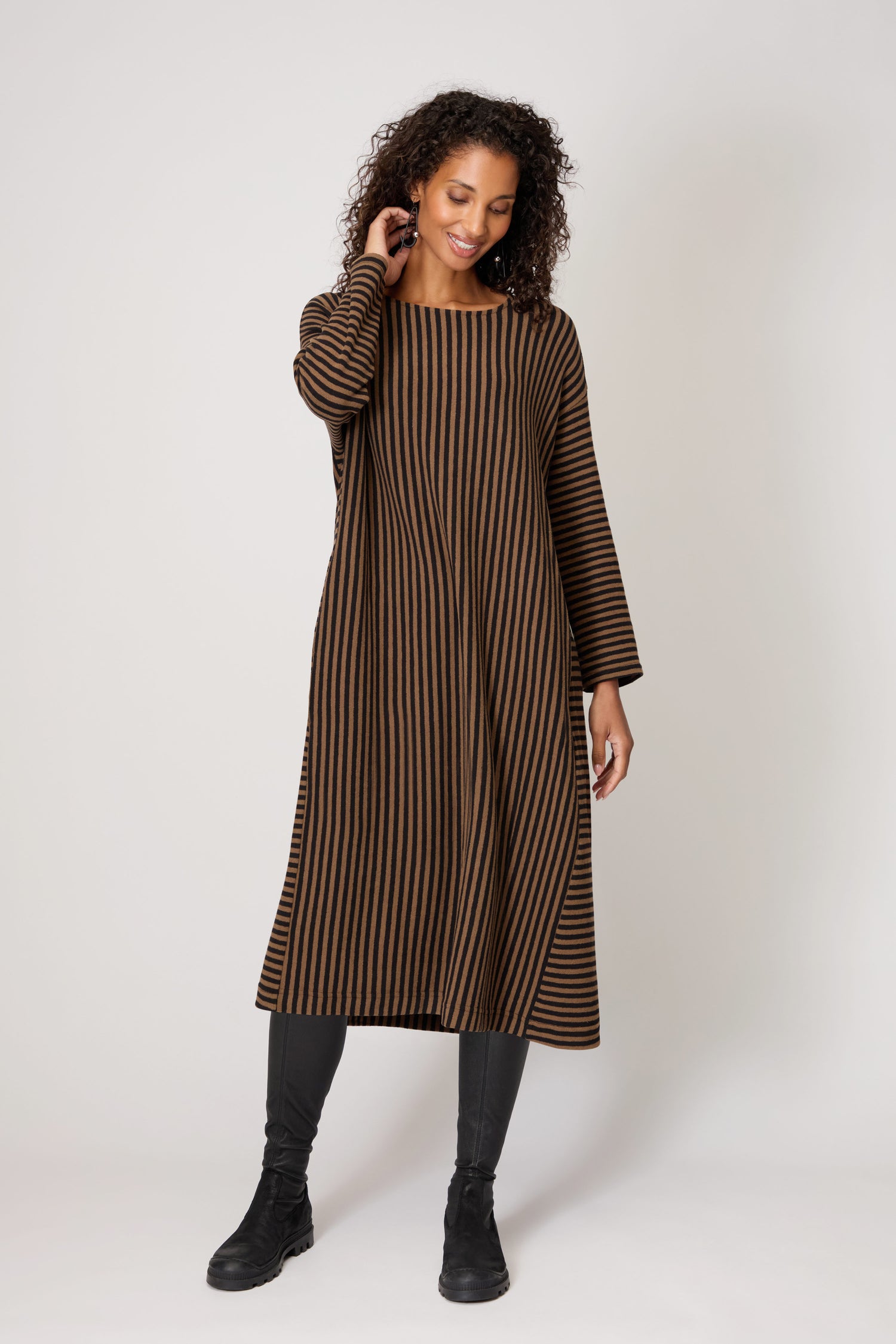 Fine Stripe Flared Brown Dress