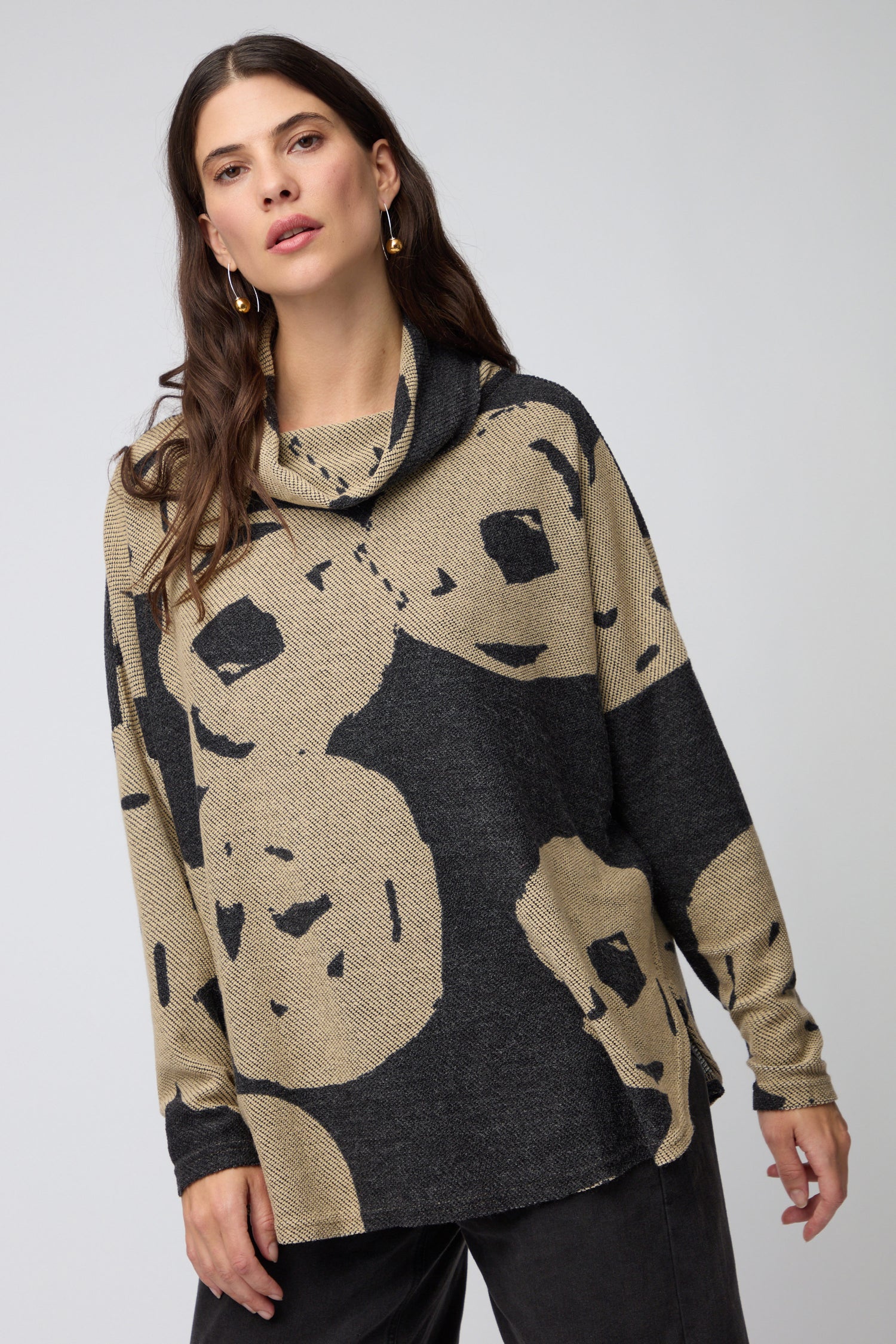 Cowl Neck Grey Jacquard Tunic
