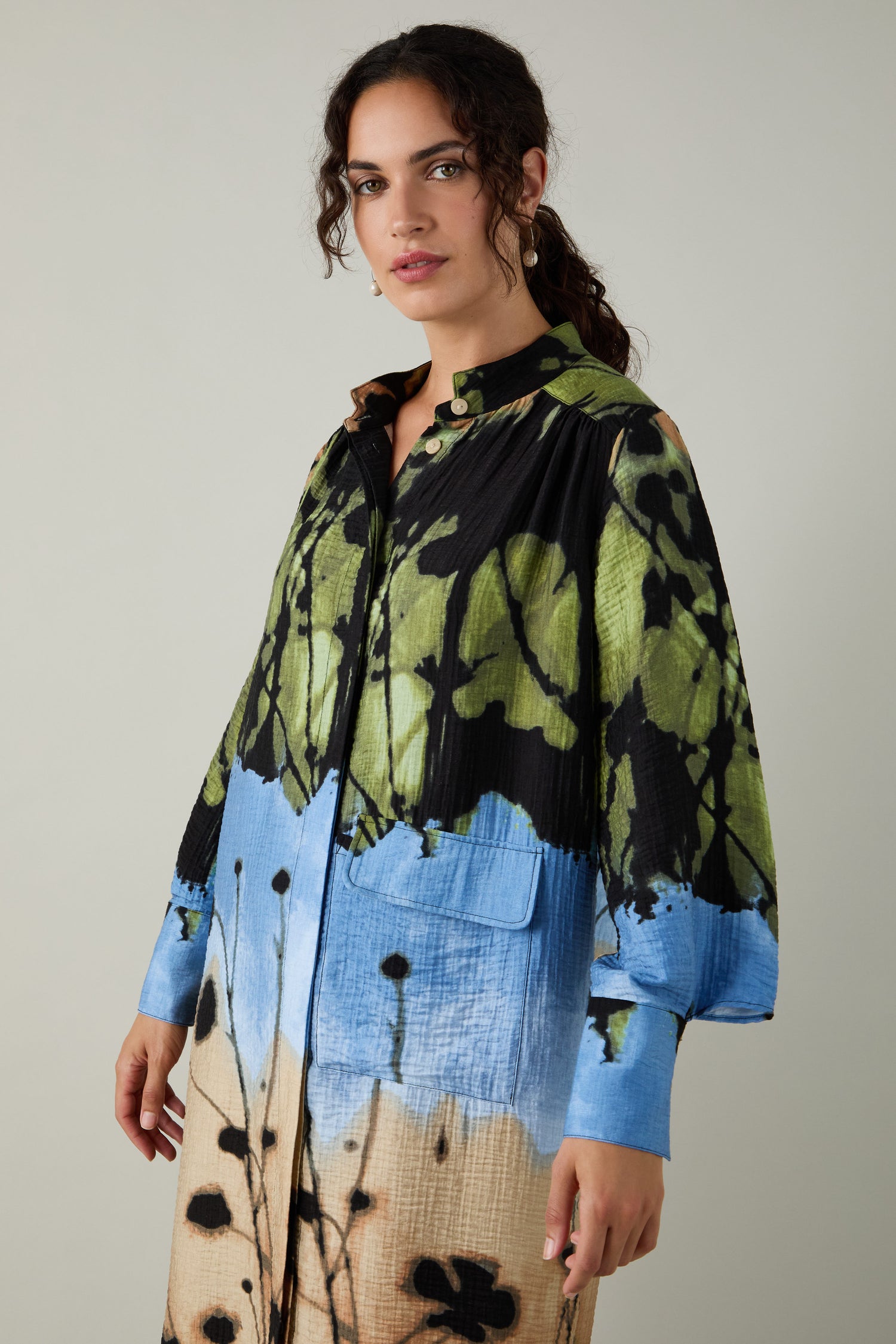Crinkle Viscose Blue Print Shirt Dress