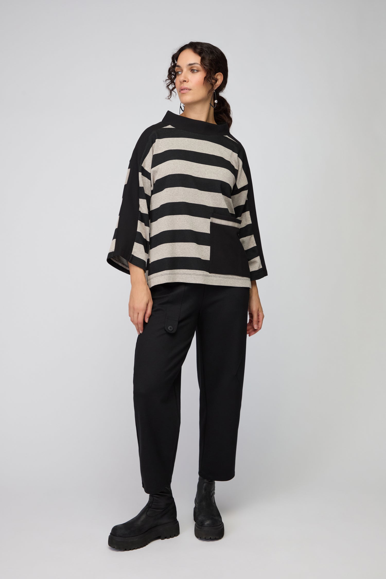 Stripe Stand Collar Jersey Top
