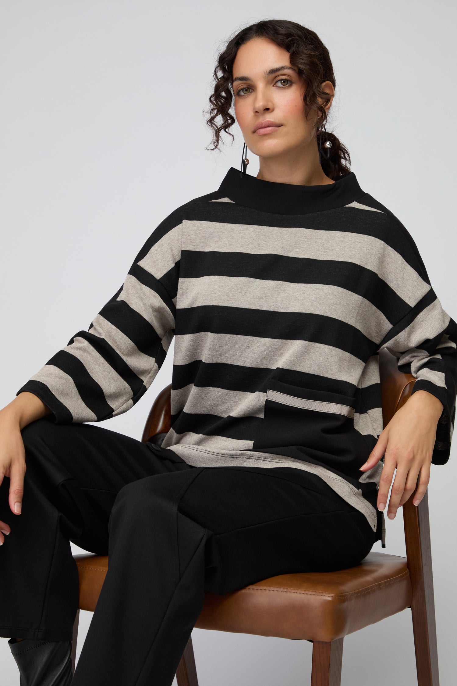Stripe Stand Collar Jersey Top