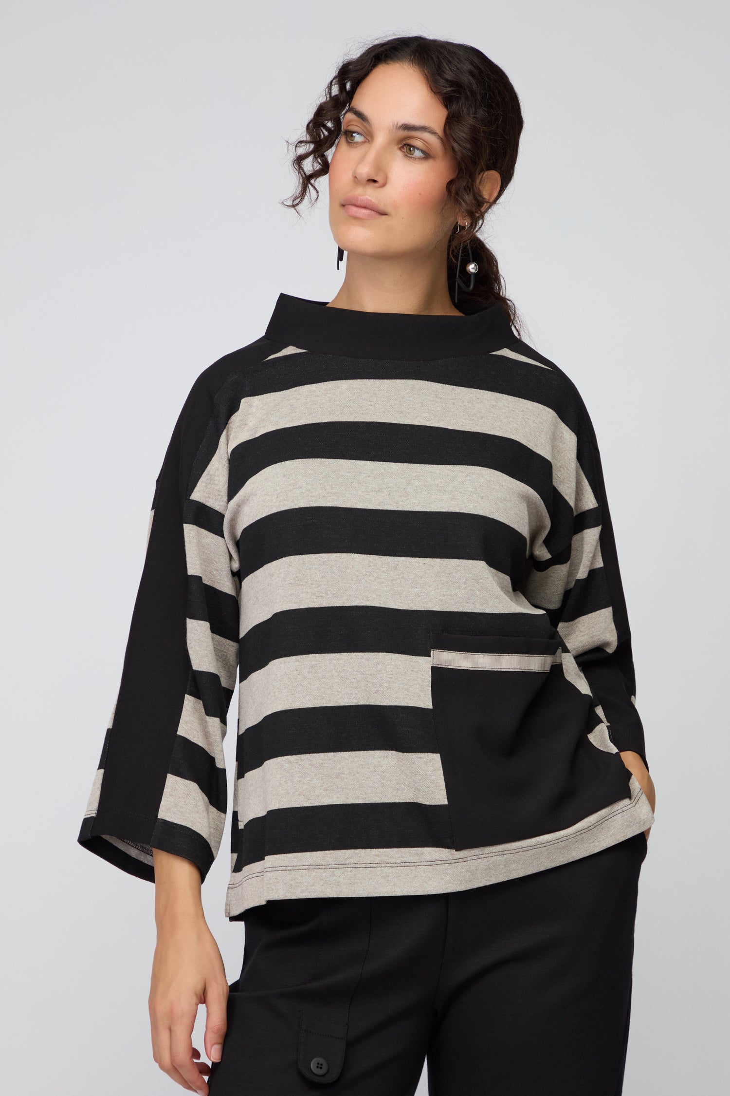 Stripe Stand Collar Jersey Top