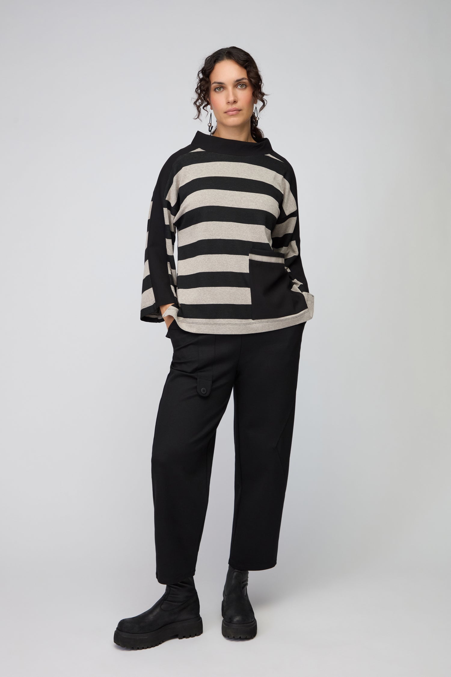 Stripe Stand Collar Jersey Top