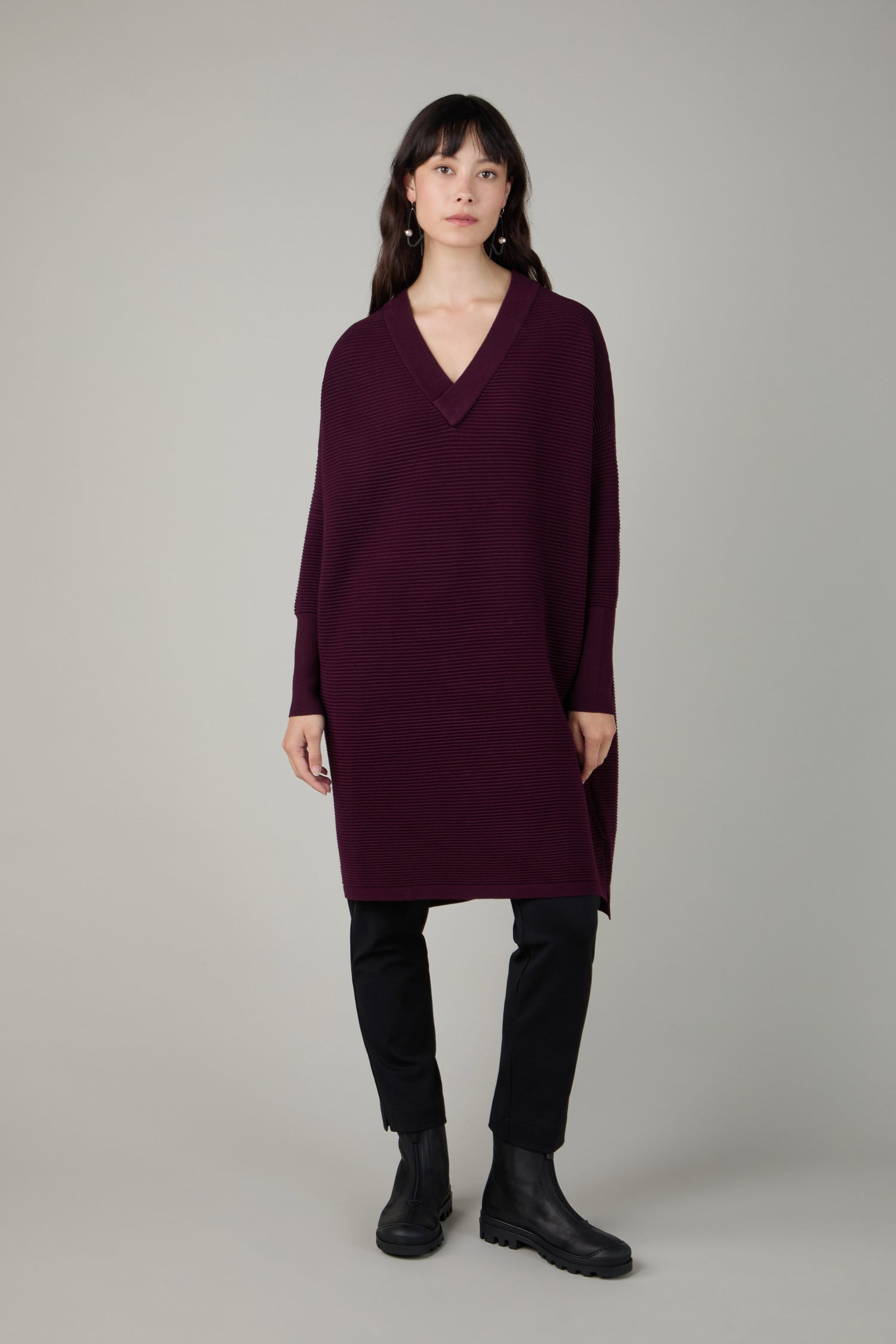 Dark Aubergine V Neck Ribbed Dress