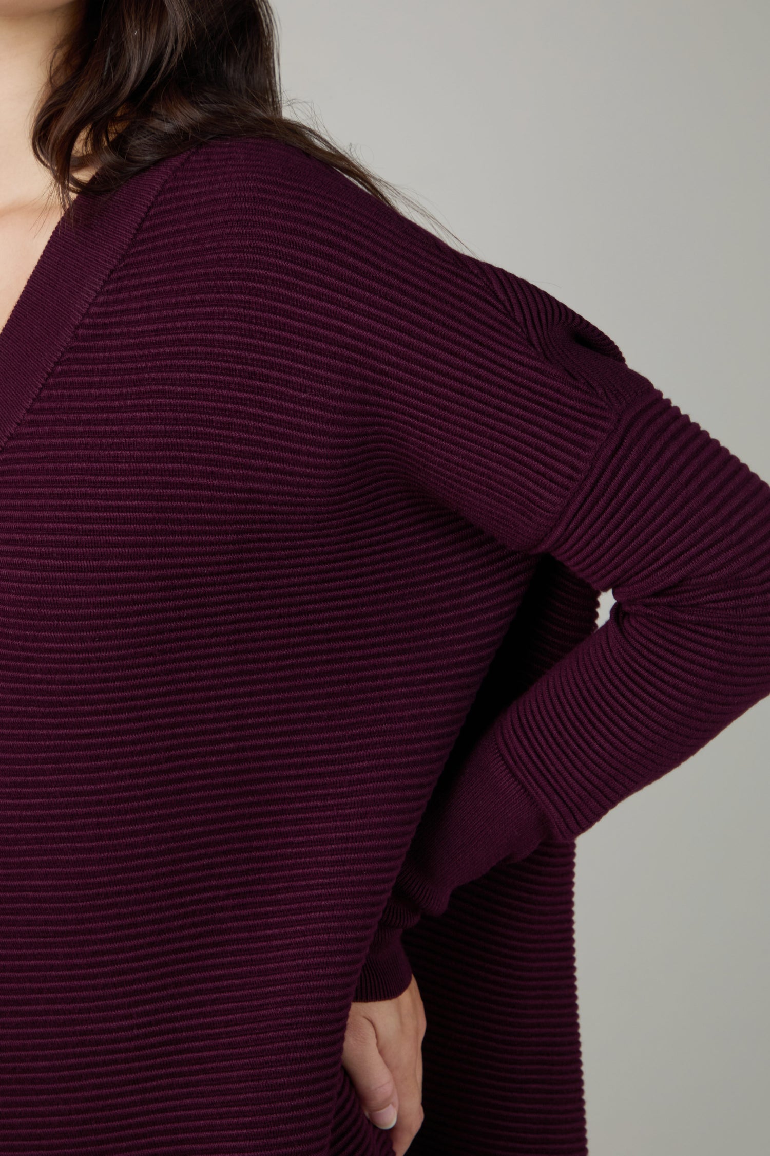 Dark Aubergine V Neck Ribbed Dress