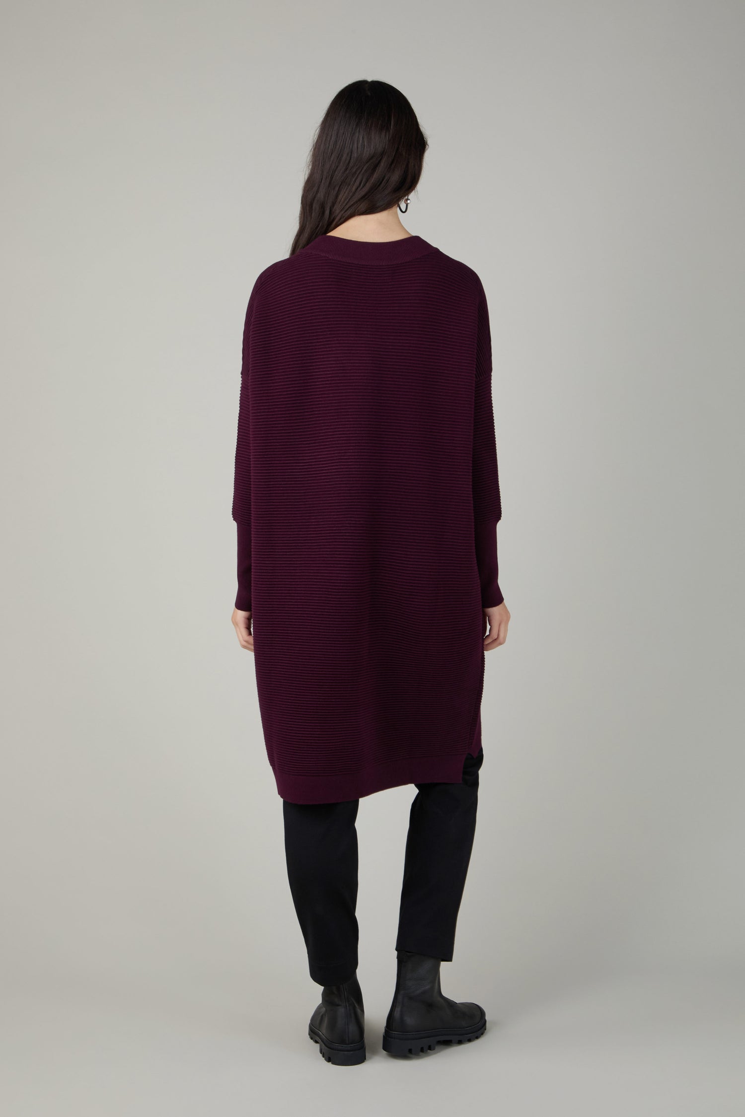 Dark Aubergine V Neck Ribbed Dress