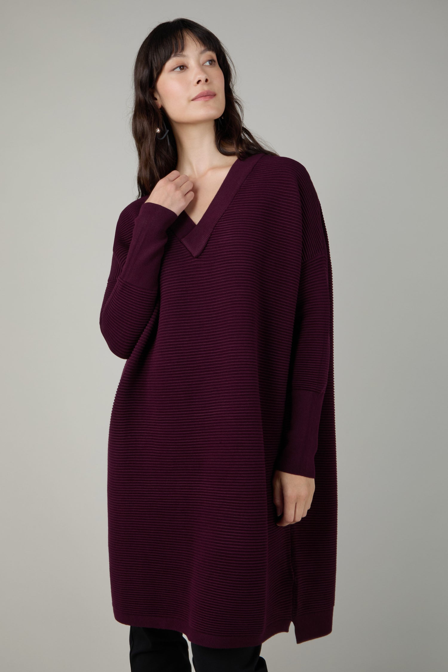 Dark Aubergine V Neck Ribbed Dress