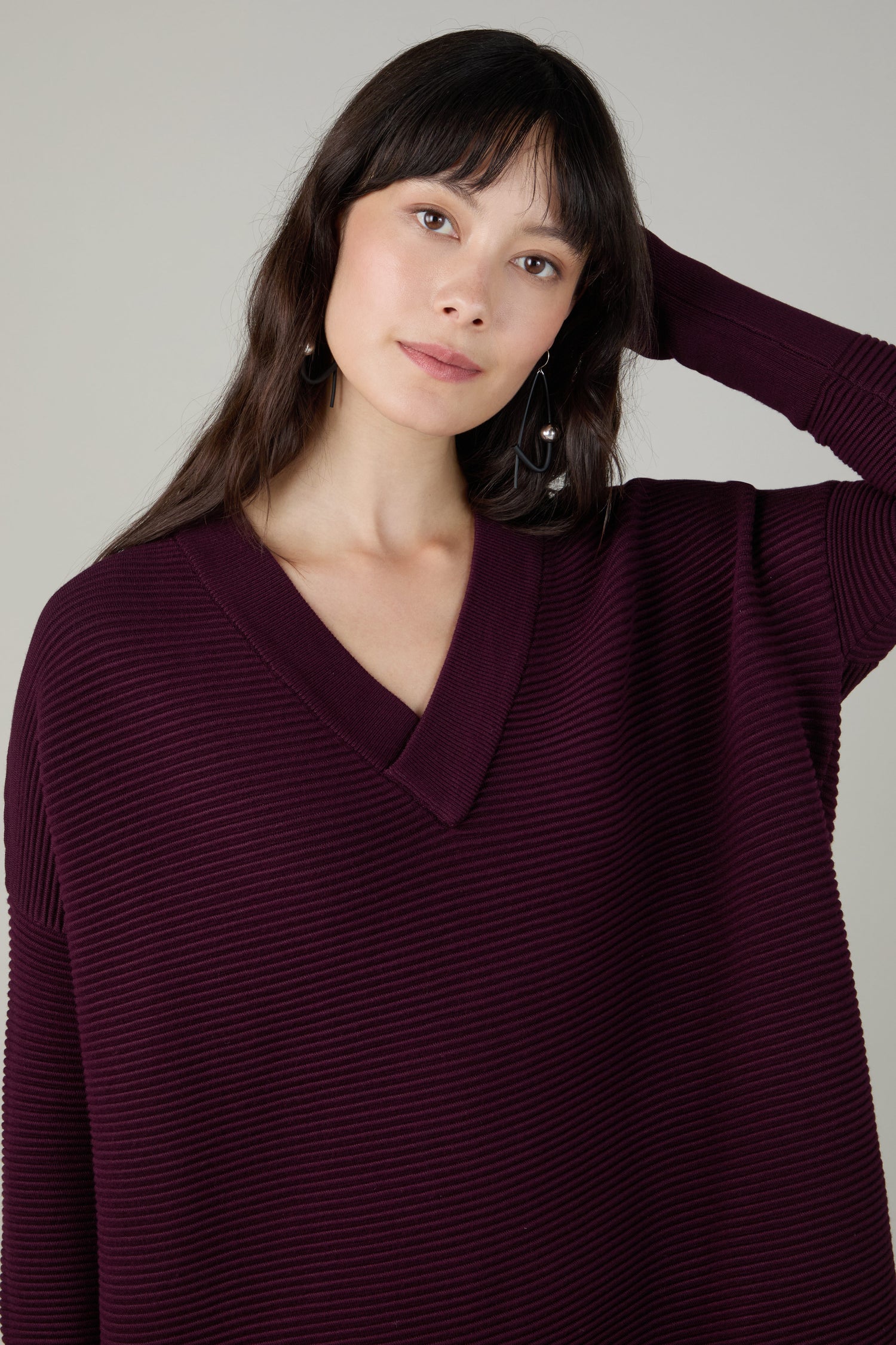Dark Aubergine V Neck Ribbed Dress
