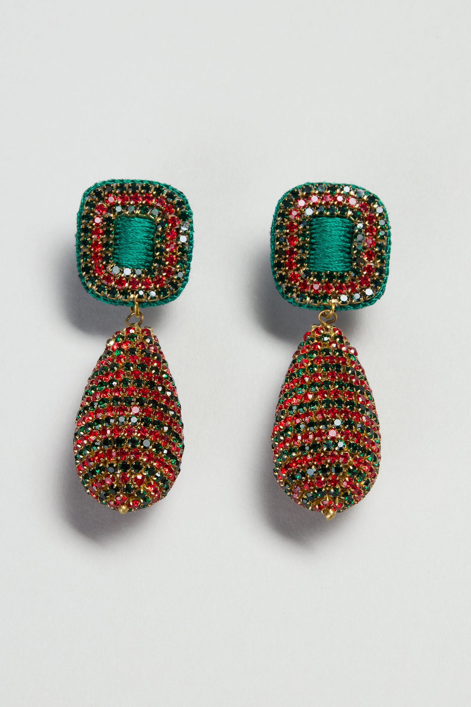 Hand Beaded Teardrop Earrings with square green and red tops, featuring intricate beadwork on white—elevate your look with these stunning Hand Beaded Teardrop Earrings.