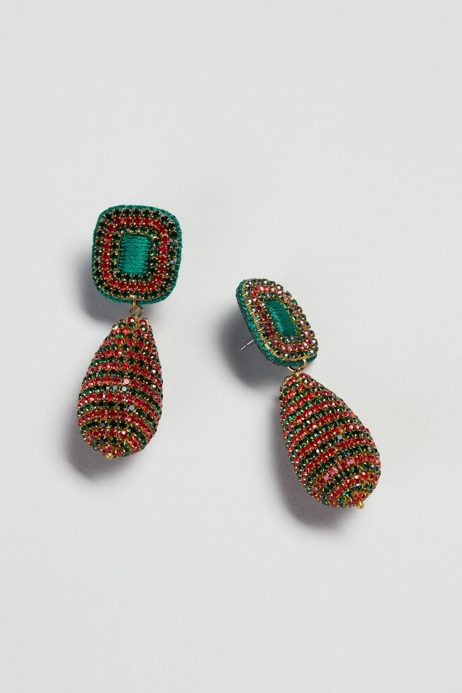 Hand Beaded Teardrop Earrings with green, red, and gold patterns, a square top, and teardrop dangle are showcased on a white background. This Psquuare Fashion Jewellery design offers a unique emerald-inspired look.