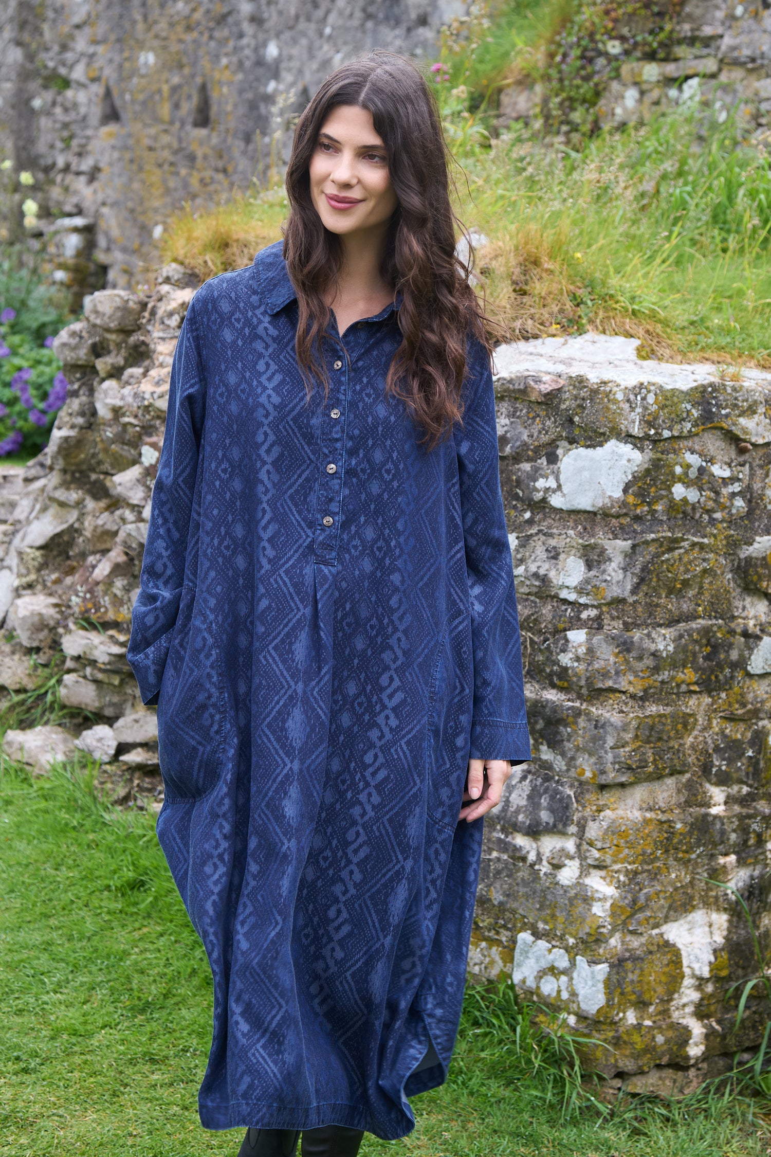 Dark Denim Diamond Patchwork Print Dress