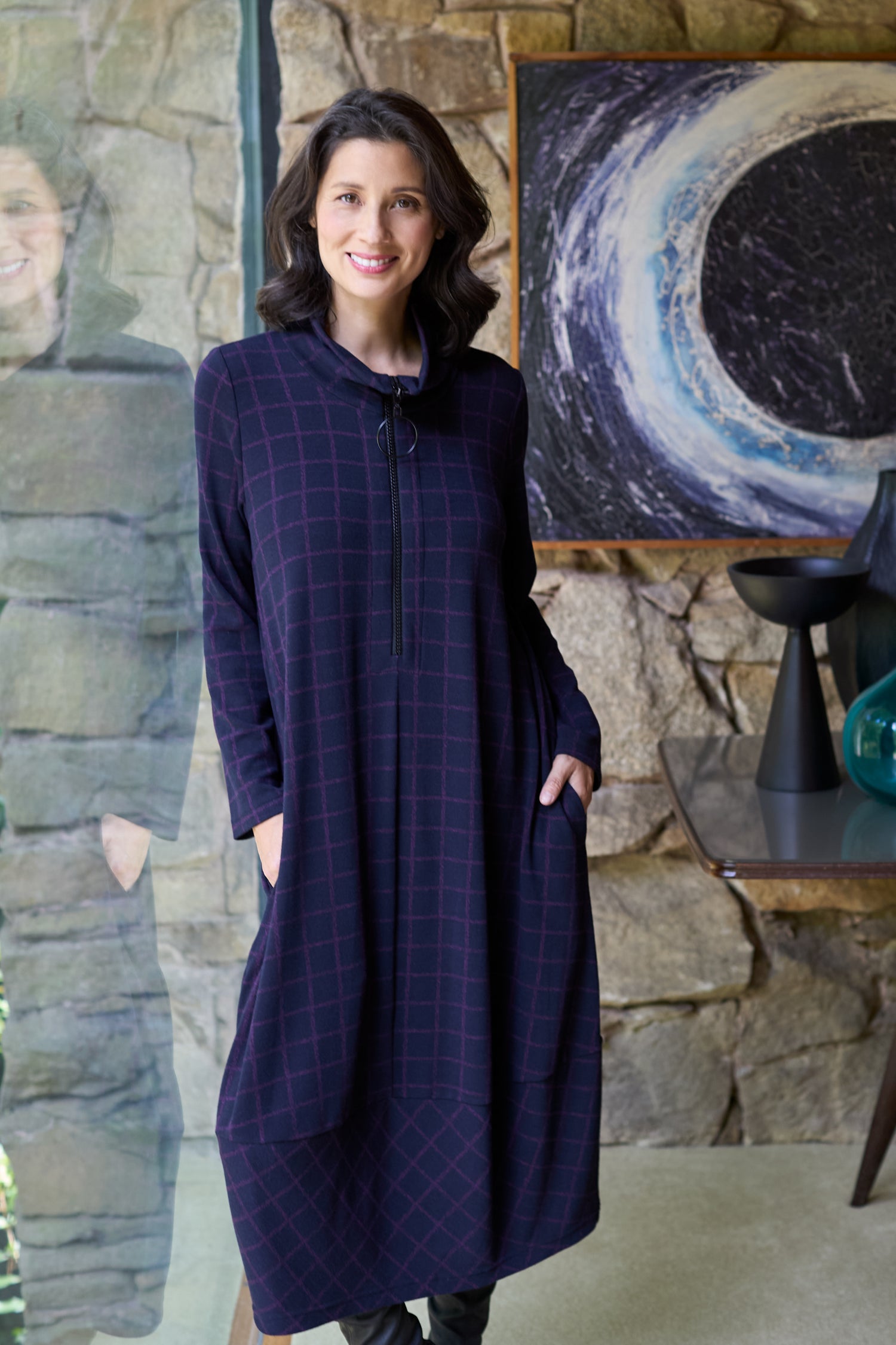 Graphic Check Zip Bubble Dress