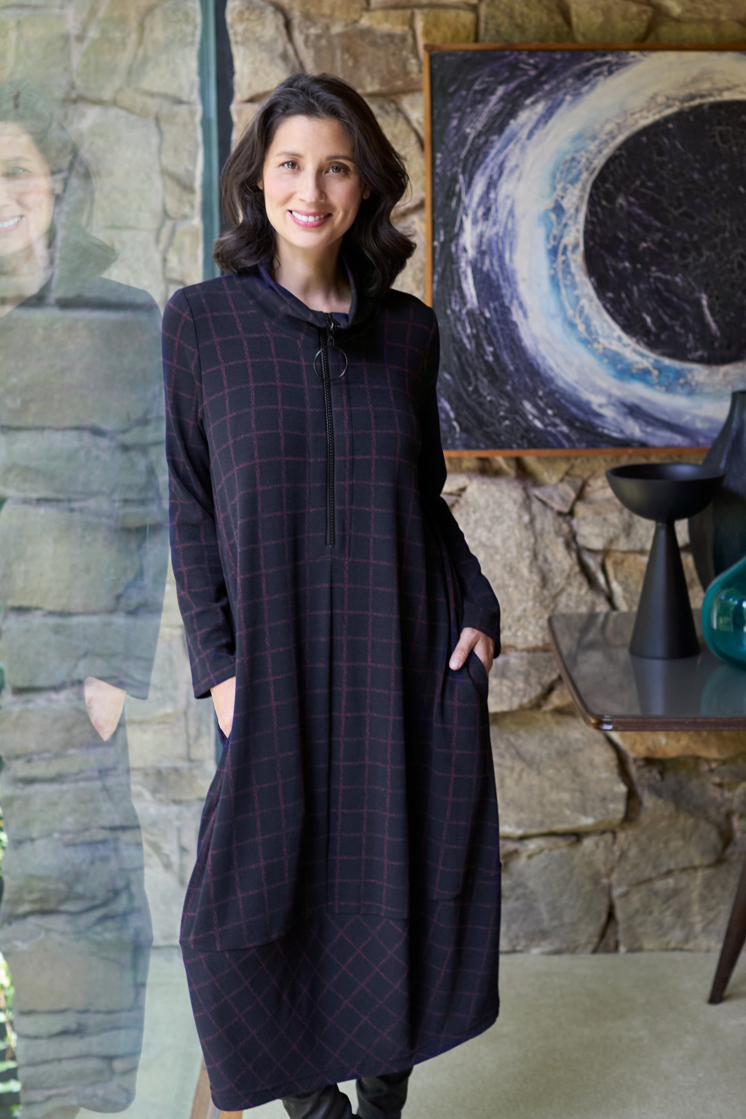 Graphic Check Zip Bubble Dress