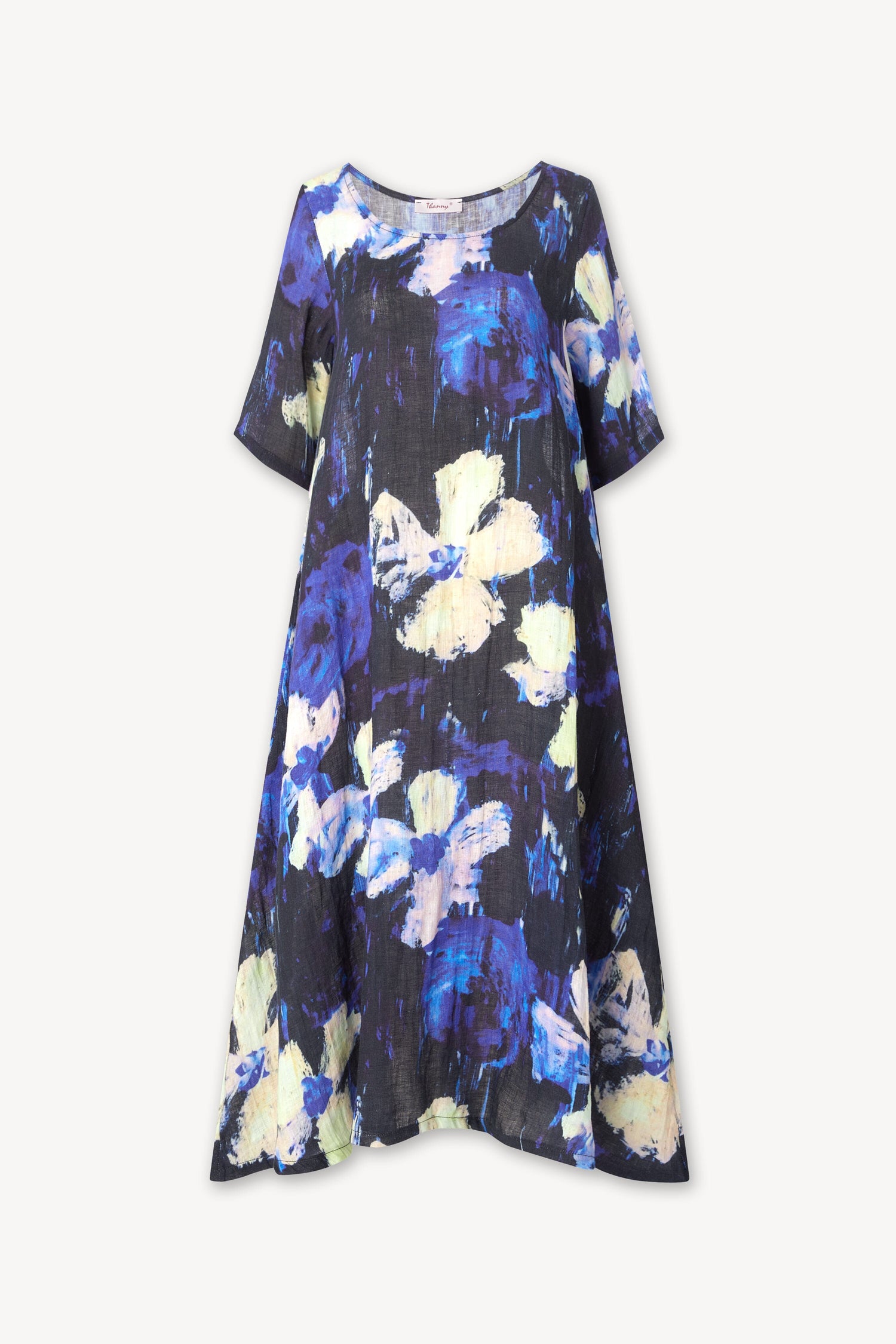 A navy blue Floral Linen Dress with short sleeves, displayed on a white background.