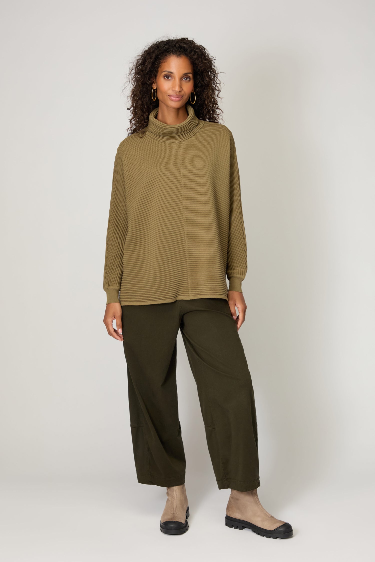 Ribbed Merino Khaki  Roll Neck Top