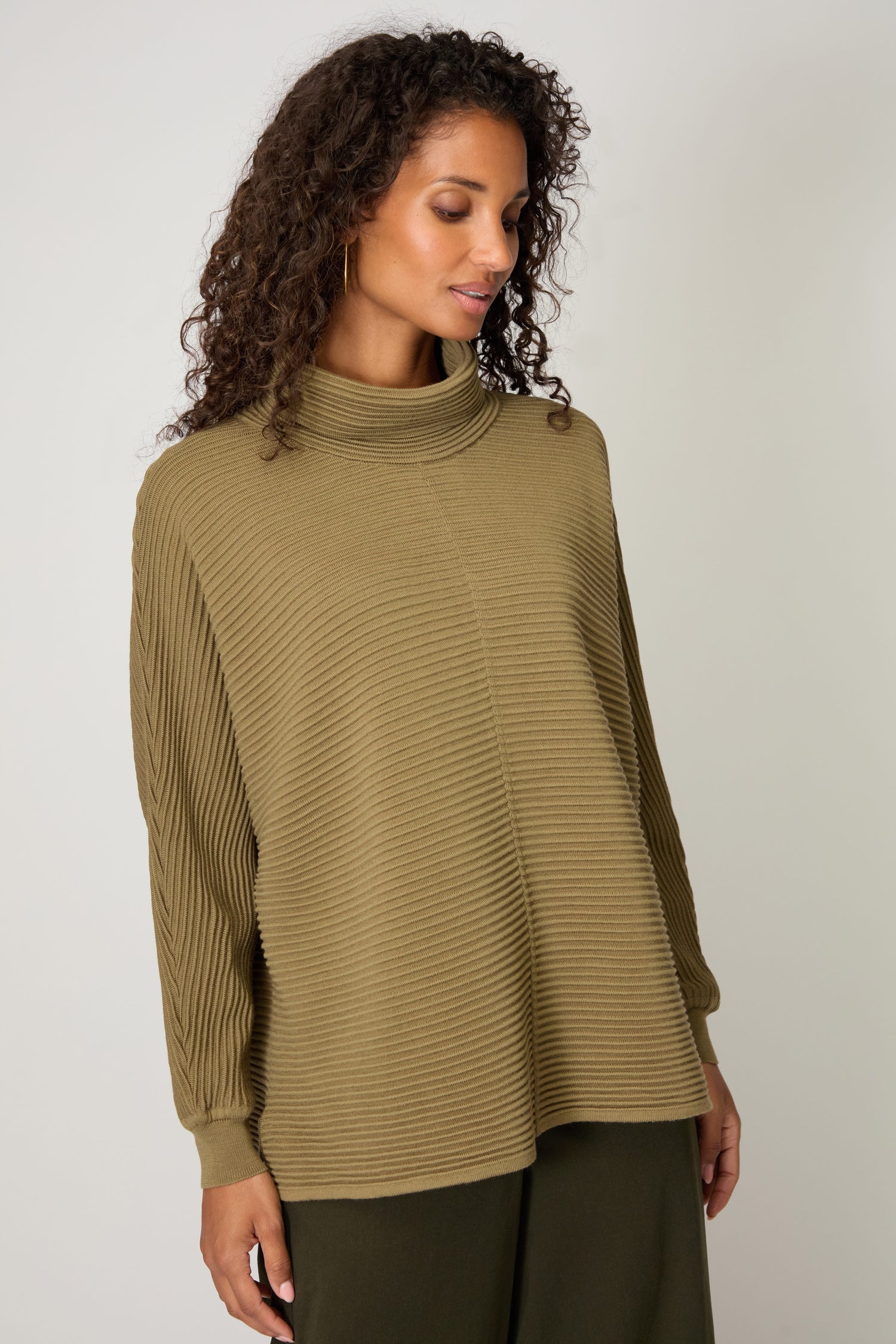 Ribbed Merino Khaki  Roll Neck Top