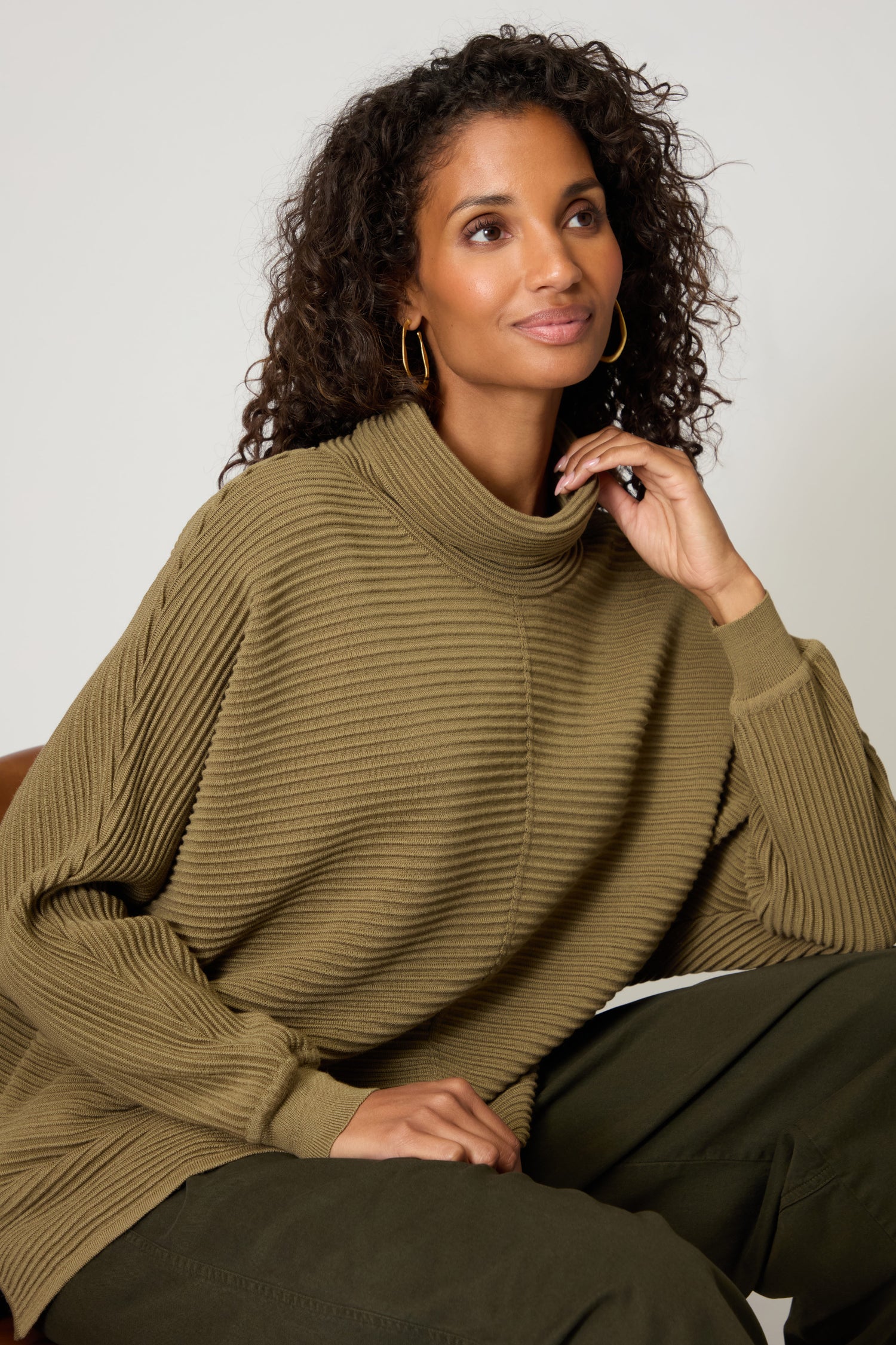 Ribbed Merino Khaki  Roll Neck Top
