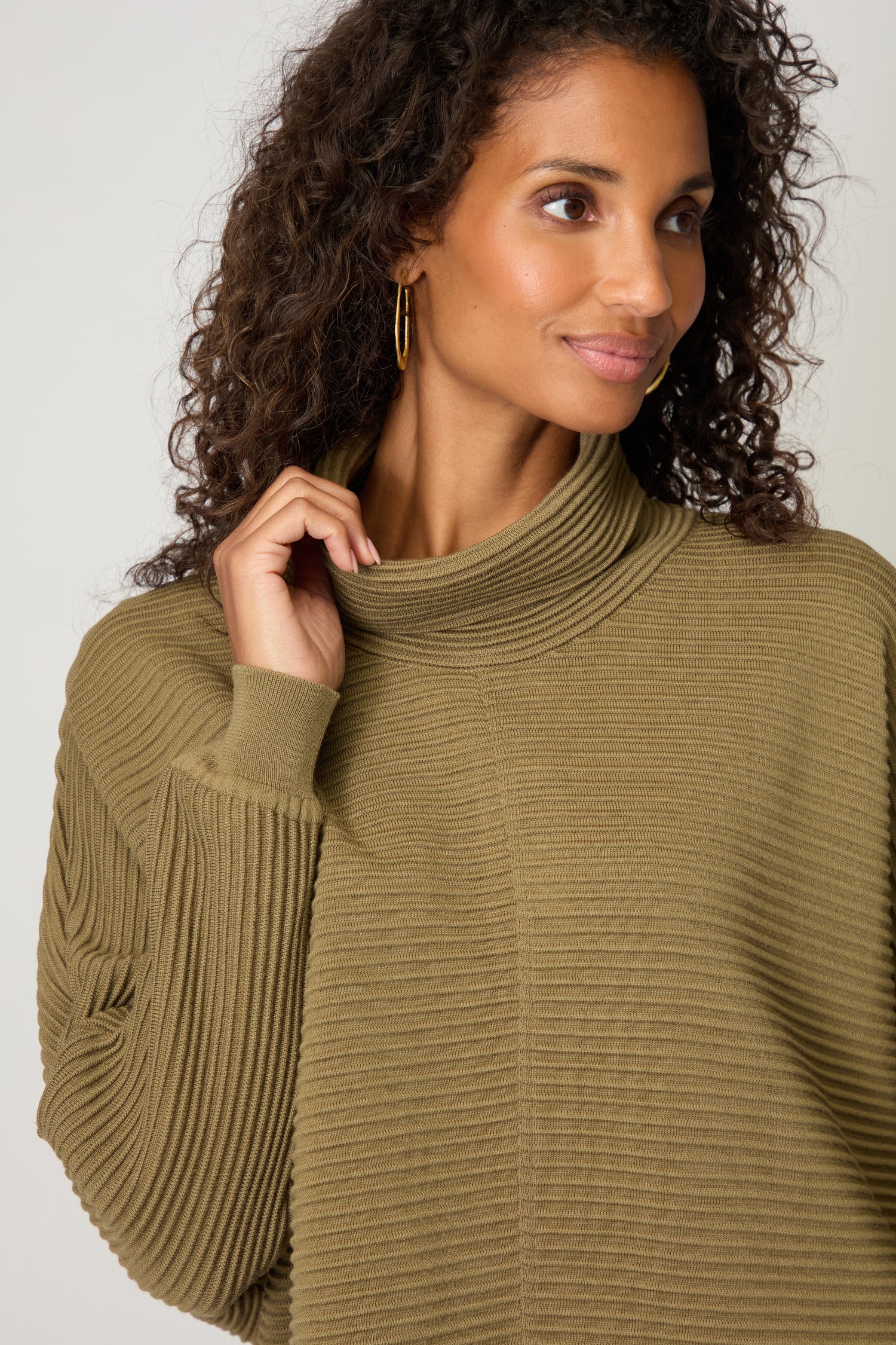 Ribbed Merino Khaki  Roll Neck Top