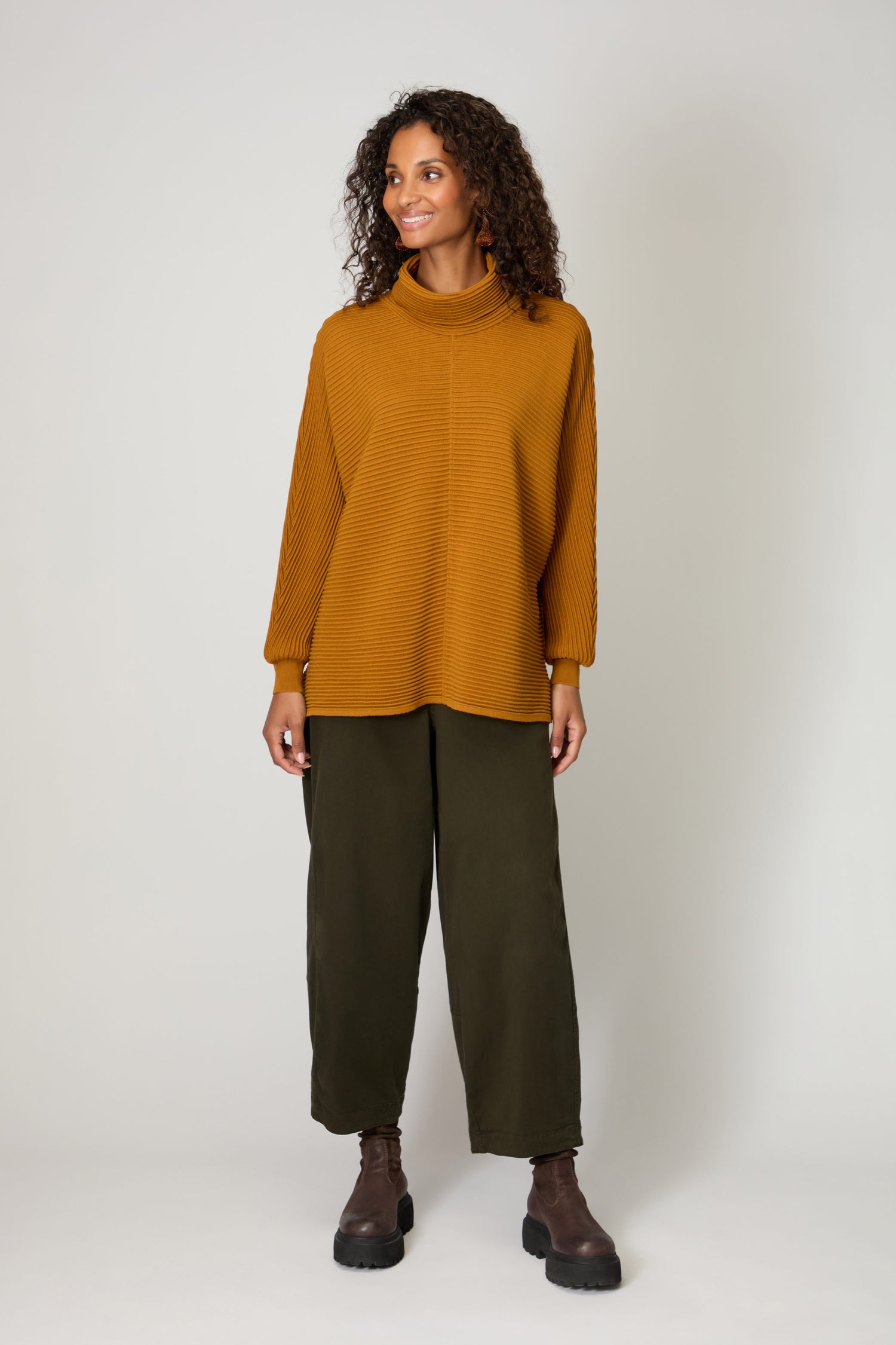 Ribbed Merino Ochre Roll Neck Top