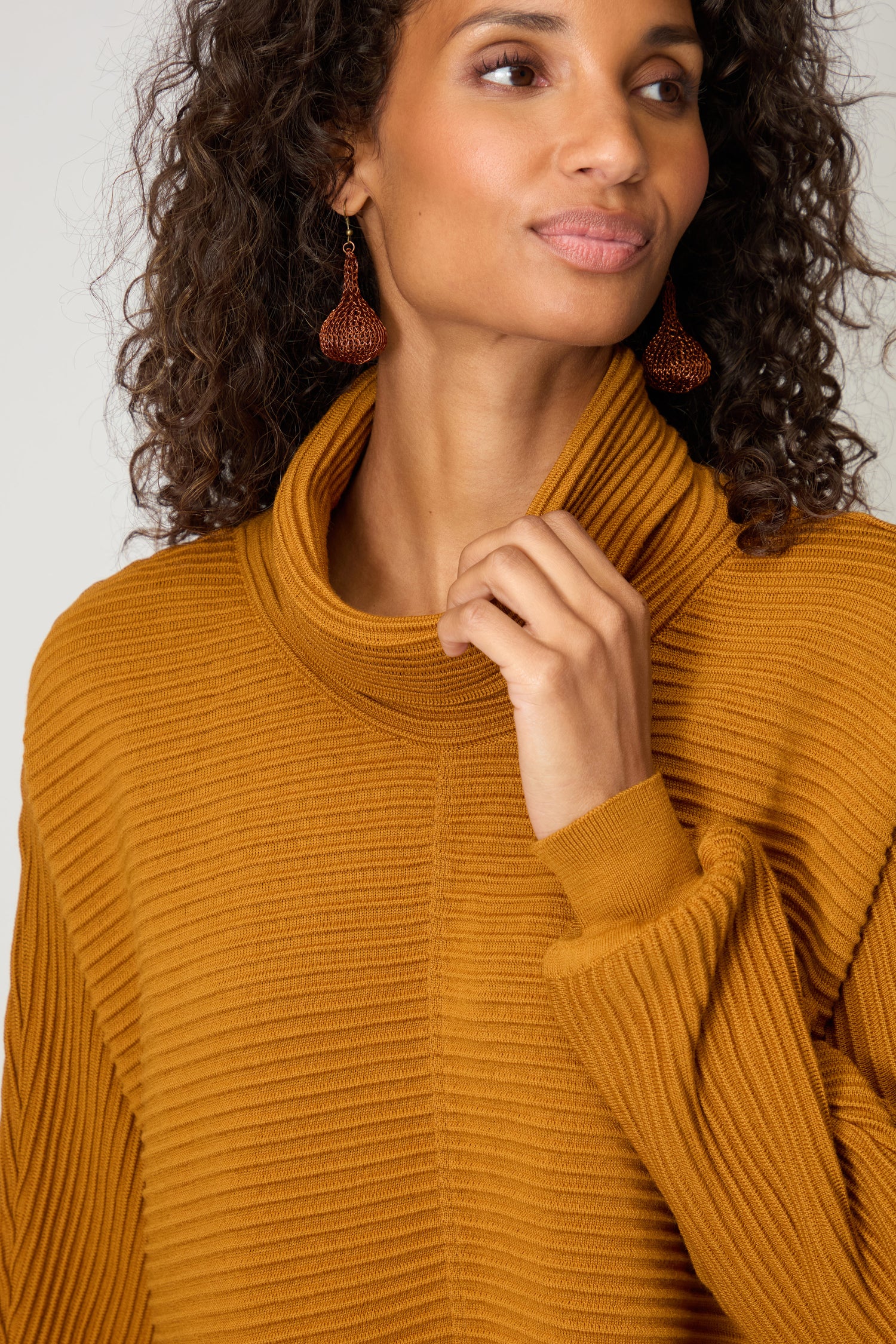 Ribbed Merino Ochre Roll Neck Top
