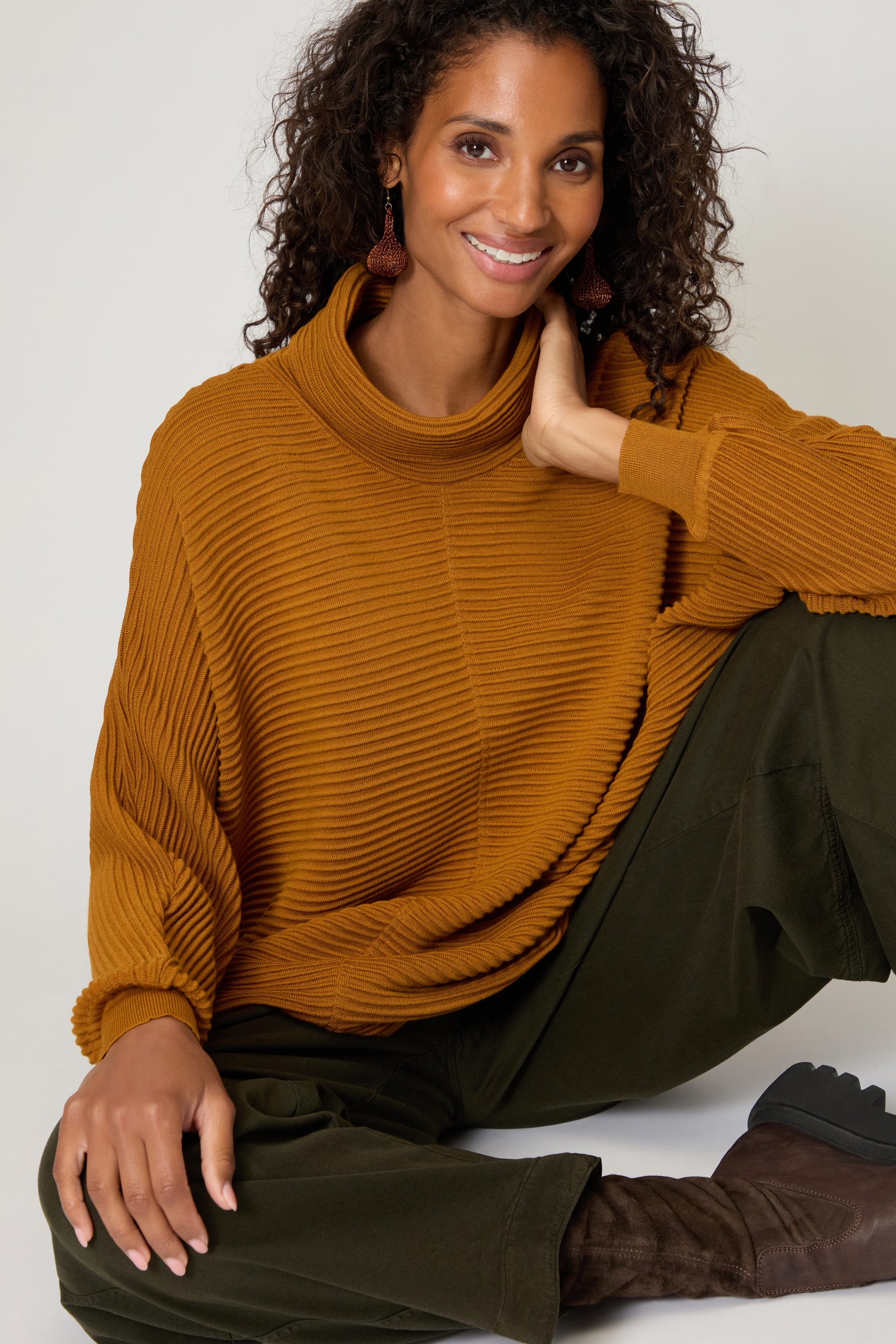 Ribbed Merino Ochre Roll Neck Top