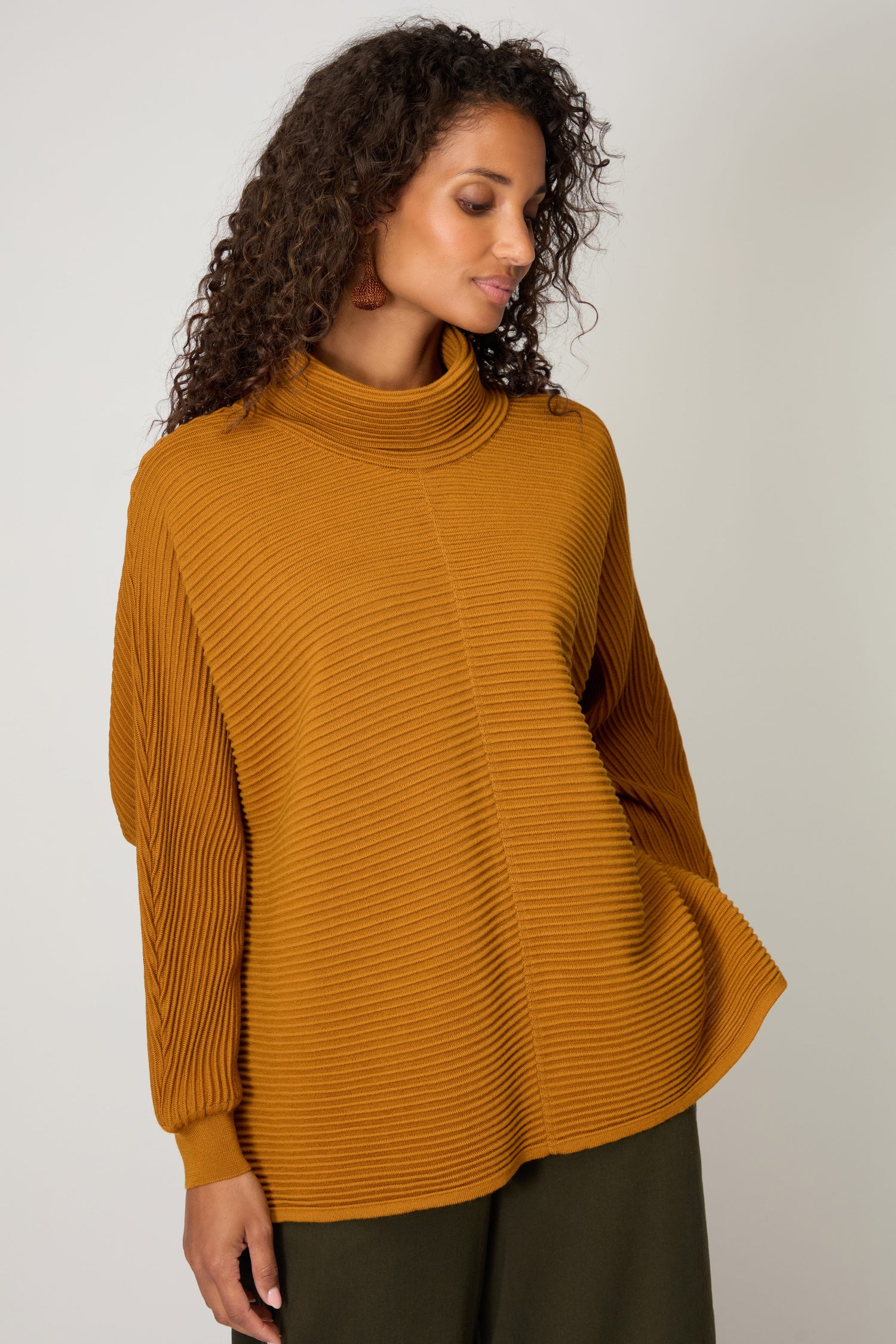 Ribbed Merino Ochre Roll Neck Top