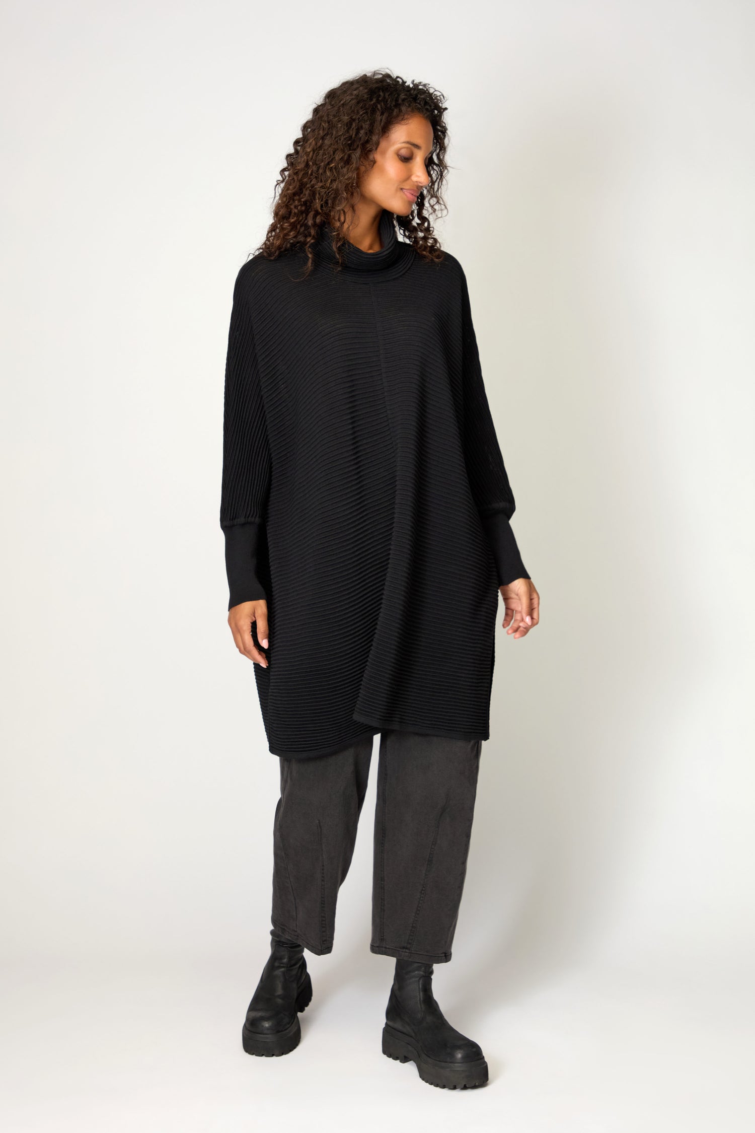 Ribbed Merino Black Roll Neck Tunic