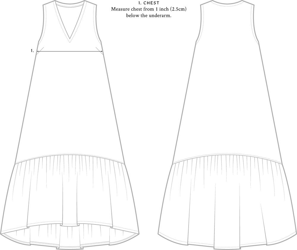 A design illustration of an A-line dress with a V-neck, sleeveless design, and frilled hemline, with some measurements.