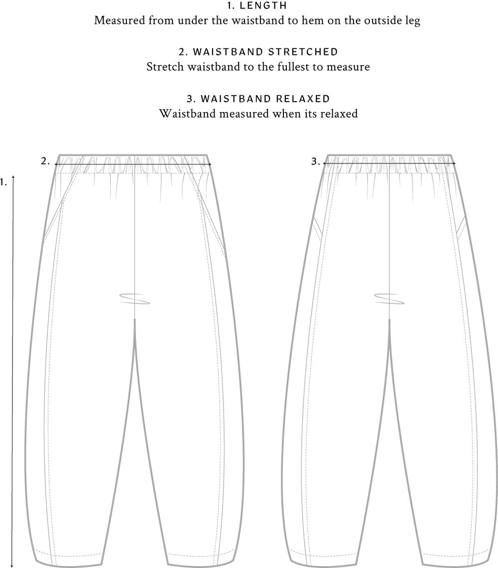 A design illustration of two pairs of trousers featuring guidance on their "Length", "Waistband stretched" and "Waistband relaxed".