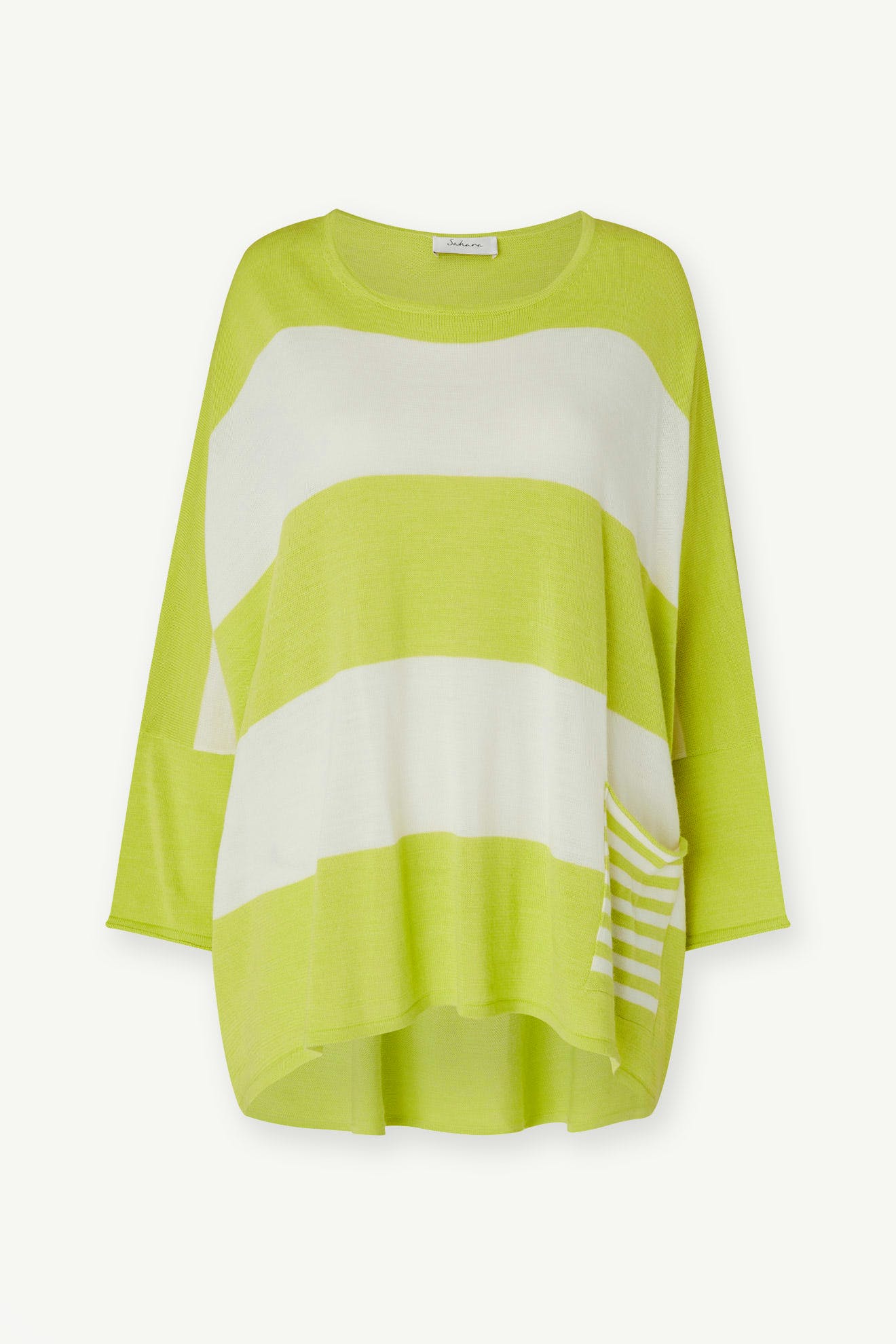 The Merino Blend Stripe Sweater is a loose-fitting, lime green and white striped sweater featuring long sleeves and a small striped pocket on the lower right side, making it perfect for transitional weather. The sweater is displayed against a plain background.